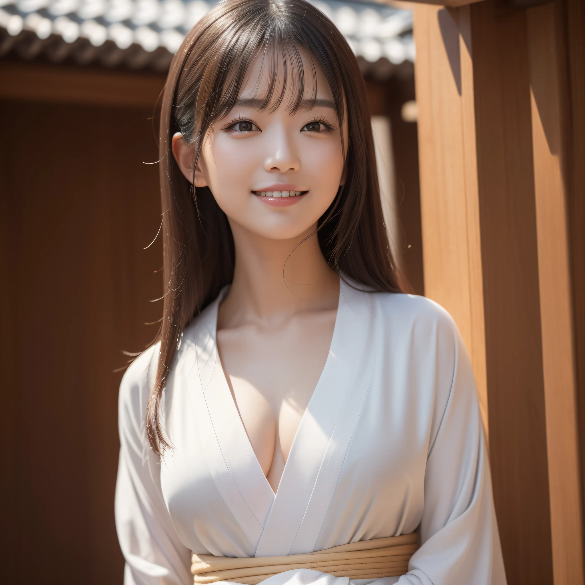 Woman in kimono、((best qualtiy、8k masterpieces:1.3))、foco nítido:1.2、(ultra beautiful faces:1.0)、(shinny skin:1.0)、photos realistic、A dark-haired、Video Lighting、High-definition eyes and face、Video Lighting、Korean idol actress、from the front side、medium breasts、Smile、Slender Abs Beauty、Whole body、wearing kimonos、At the shrine in the early morning