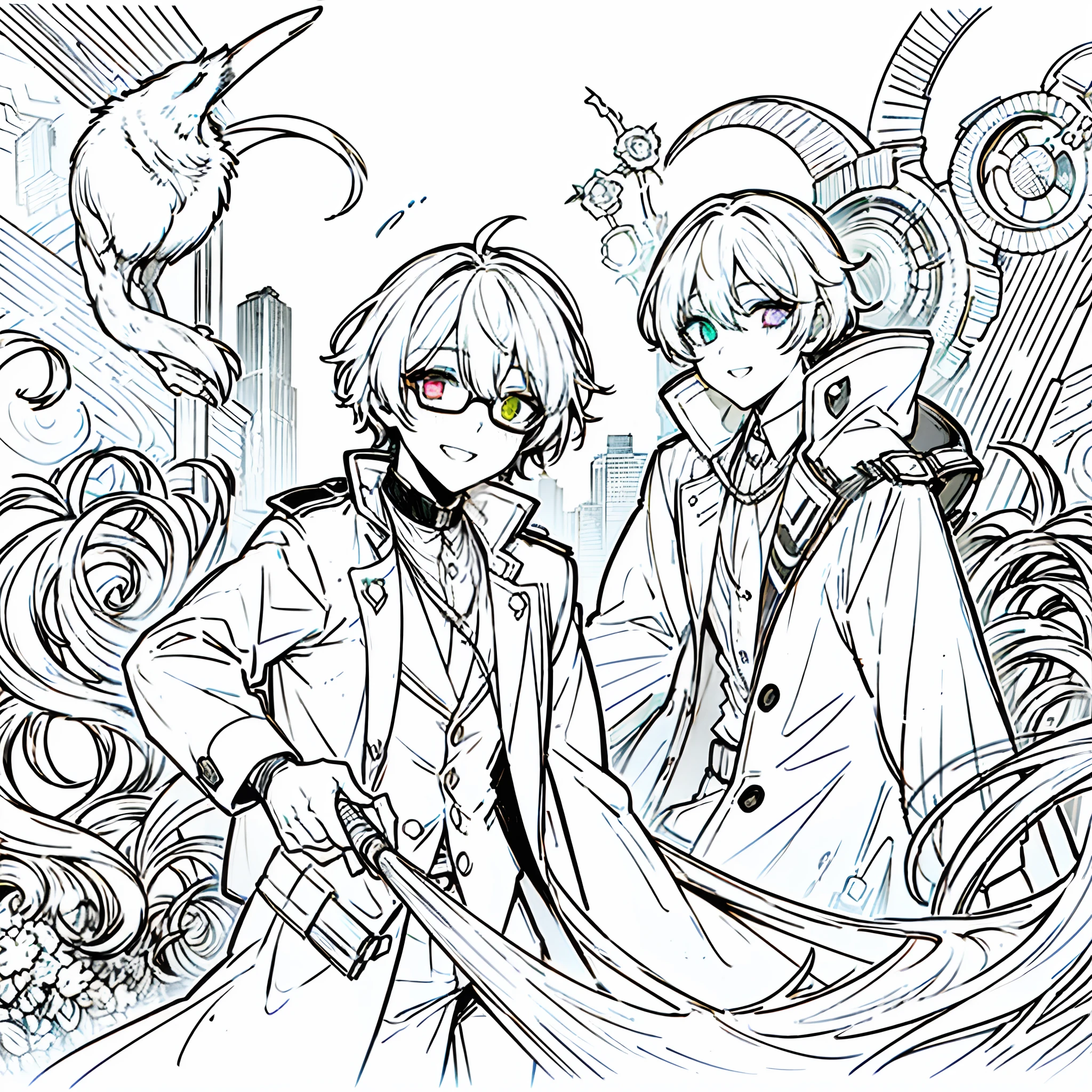 1 boy、A white-haired、purplish white eyes、maniacal grin、short messy hair、Portrait 、handsome 、heterochromia 、hair covering right eye、Stylish trenchcoat、wearing glasses