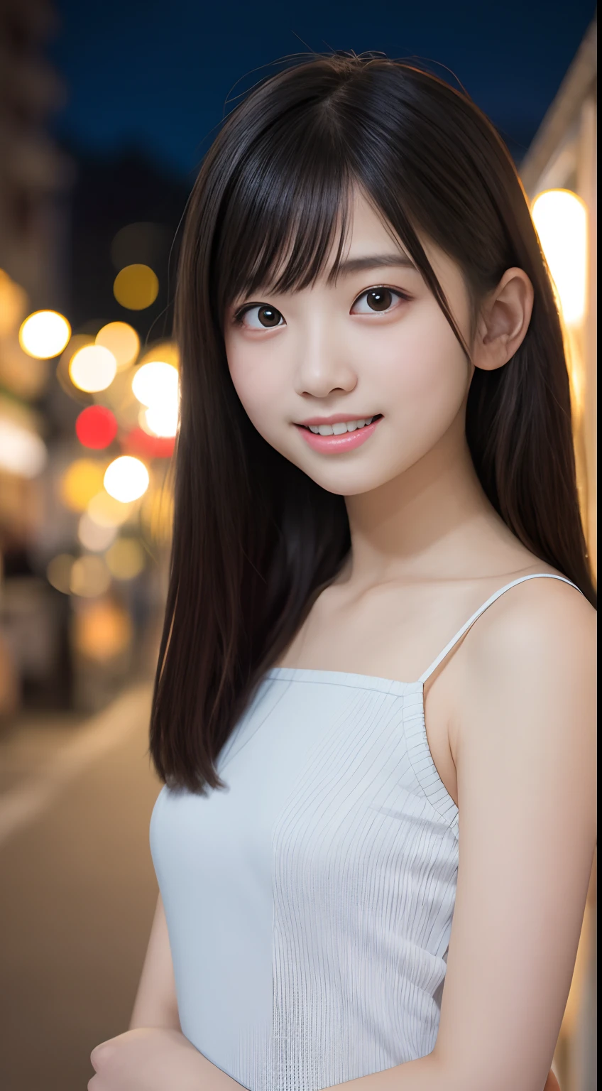 (8k、Highest quality、Ultra-high resolution、masterpiece:1.2)、(Photorealistic:1.4)、(Detailed Skin:1.3)、(Bokeh Depth of Field)、1 girl、(Urzan-6500:1.0)、(Style: 0.8)、Portrait of a cute teenage girl aged 15、Beautiful 15 year old Japanese girl、Teen、(Detail Eye) 、Laughter、(Amusement park at night、Lighting、illumination)、Stayed、happiness、Lots of balloons、Ferris wheel、Merry-go-round、roller coaster、精巧なCG 8k壁紙、Dynamic Angle、Beautiful lighting、Professional Lighting、(Sharp focus)、(naked:1.5)