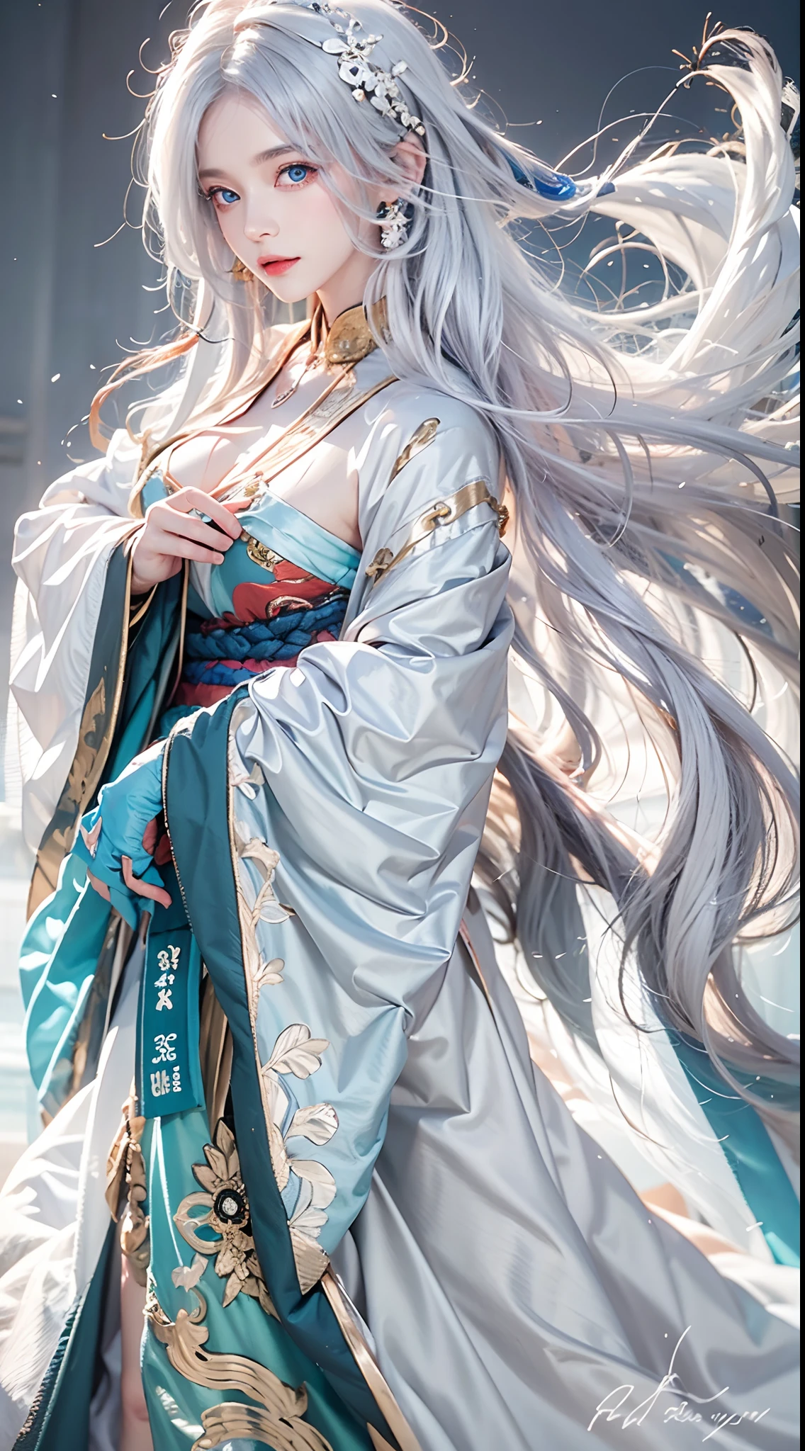 photorealistic, high resolution, soft lights, 1women, solo, hips up, look at viewer, (detailed face), blue eyes, white hair, long hair, colorful Taoist robe,oversized clothes, midjourney portrait, jewelry