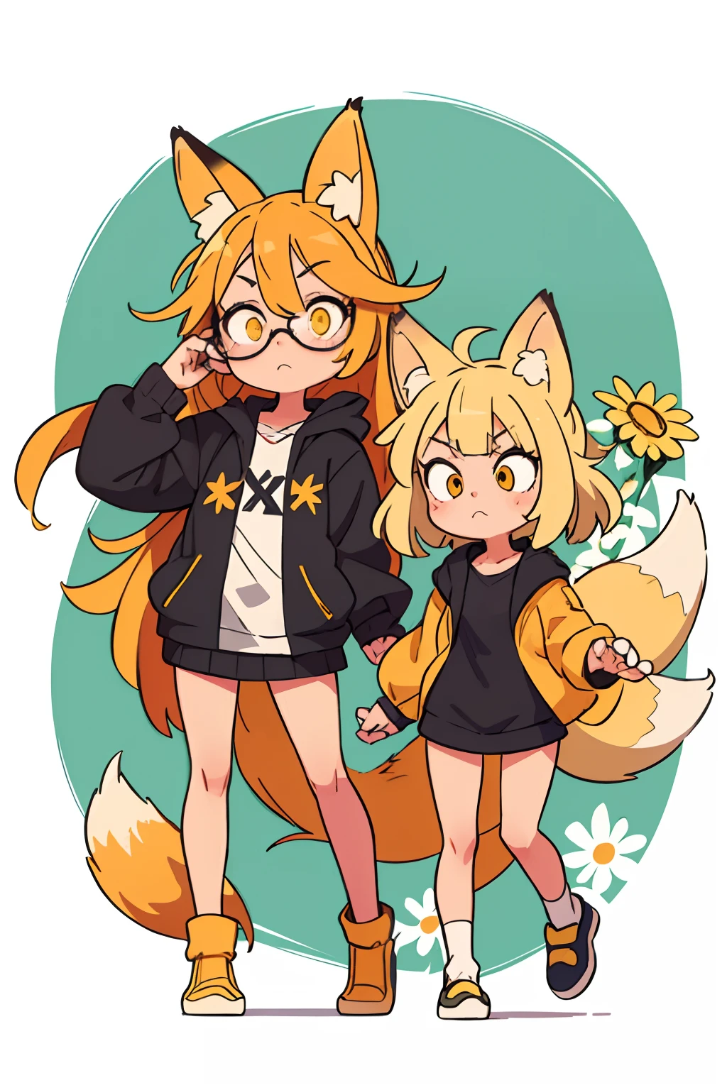 2girls, yellow hair strokes, Fox ears on the head, eyeglasses, tail, Black sweatshirt, cuteface, A wreath of daisies on the head, yellow hair strokes, shaggy hair, Fox ears on the head, tail, light green jacket, long sleeves, bandages on the legs