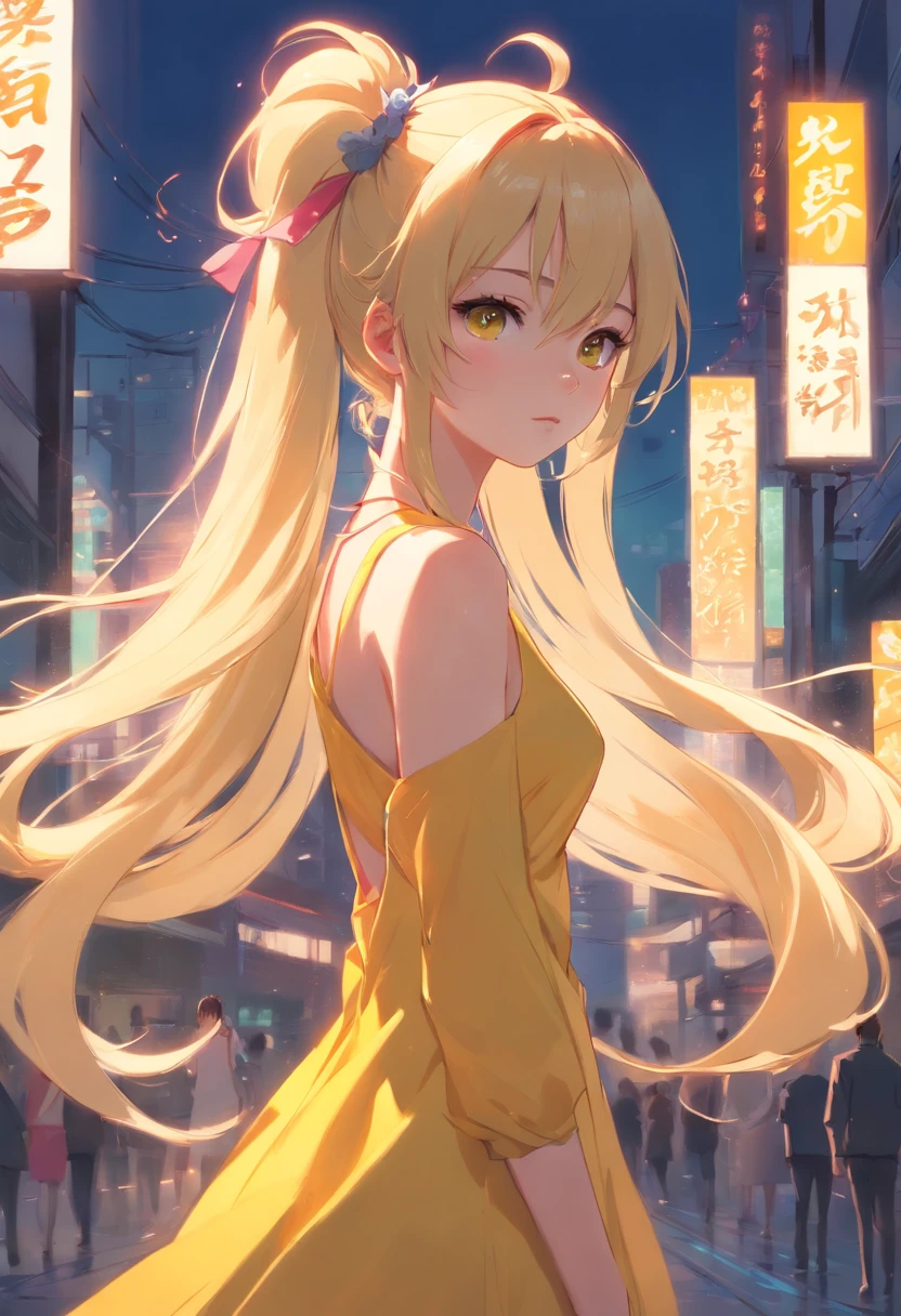 blonde long hair girl, double ponytail, facing at camera, artwork in the style of guweiz, fantasy setting, yellow dress