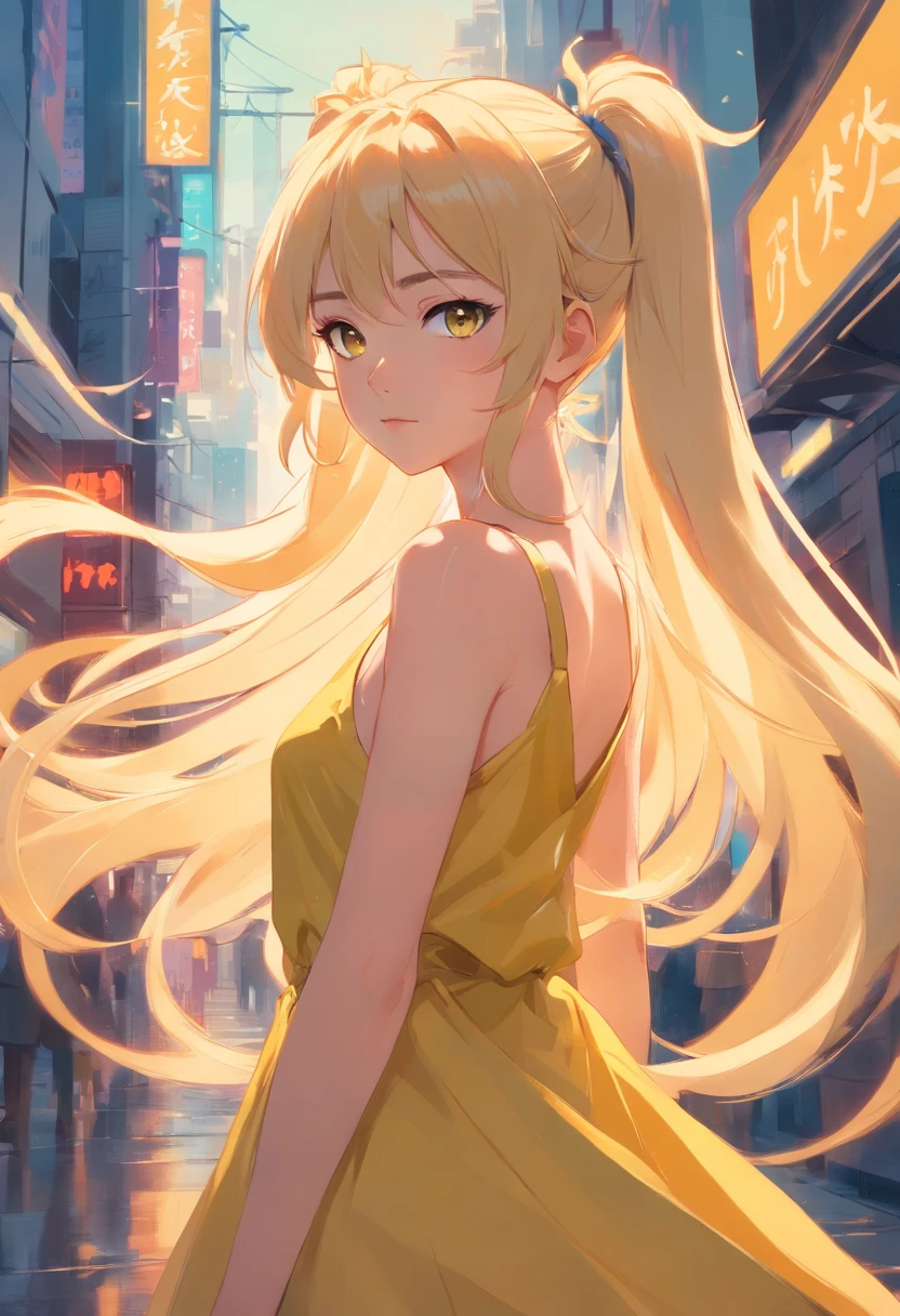 blonde long hair girl, double ponytail, facing at camera, artwork in the style of guweiz, fantasy setting, yellow dress