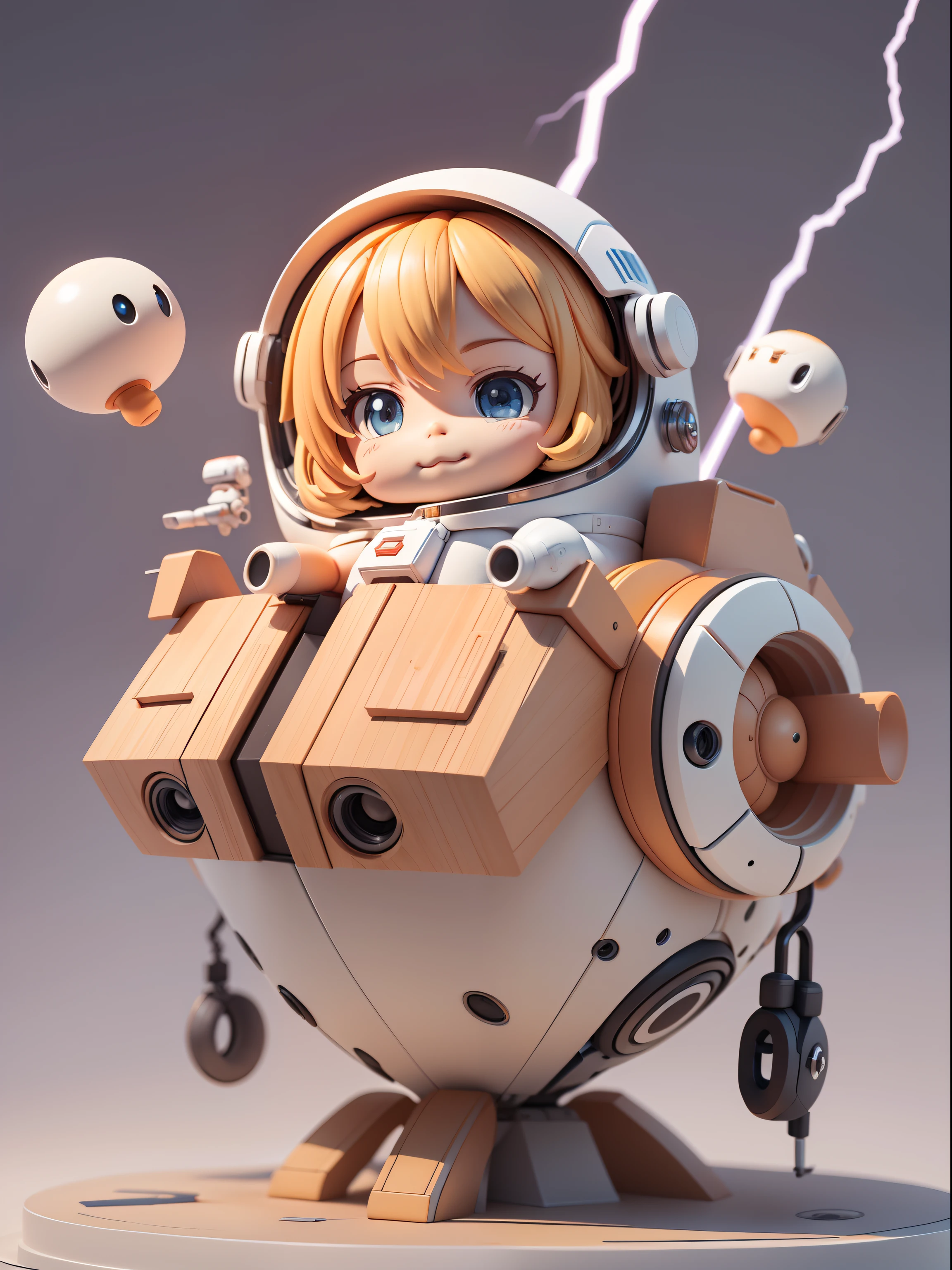 Cute girl ride on spaceship, Smile and cute pose ,Orange and white color, (Cute Astronaut: 1.331), Cute Style, Small, Big Head, 3D Rendering, ((Q Version)), Pokémon style, Machine Style, Cinematic Texture, Figures, Pokémon, Lights, Heavy Robotic Arm, Mechanical Belly, Mechanical Legs, Mechanical Legs, Mechanical Sense, Spinning, Colorful Lightning, Lightning, Cool, Clean White Background, Ray Tracing, Premium Colors, Full Body 3D Model, Action, Stylish Blind Box Toys. (fill body:1.2),chibi