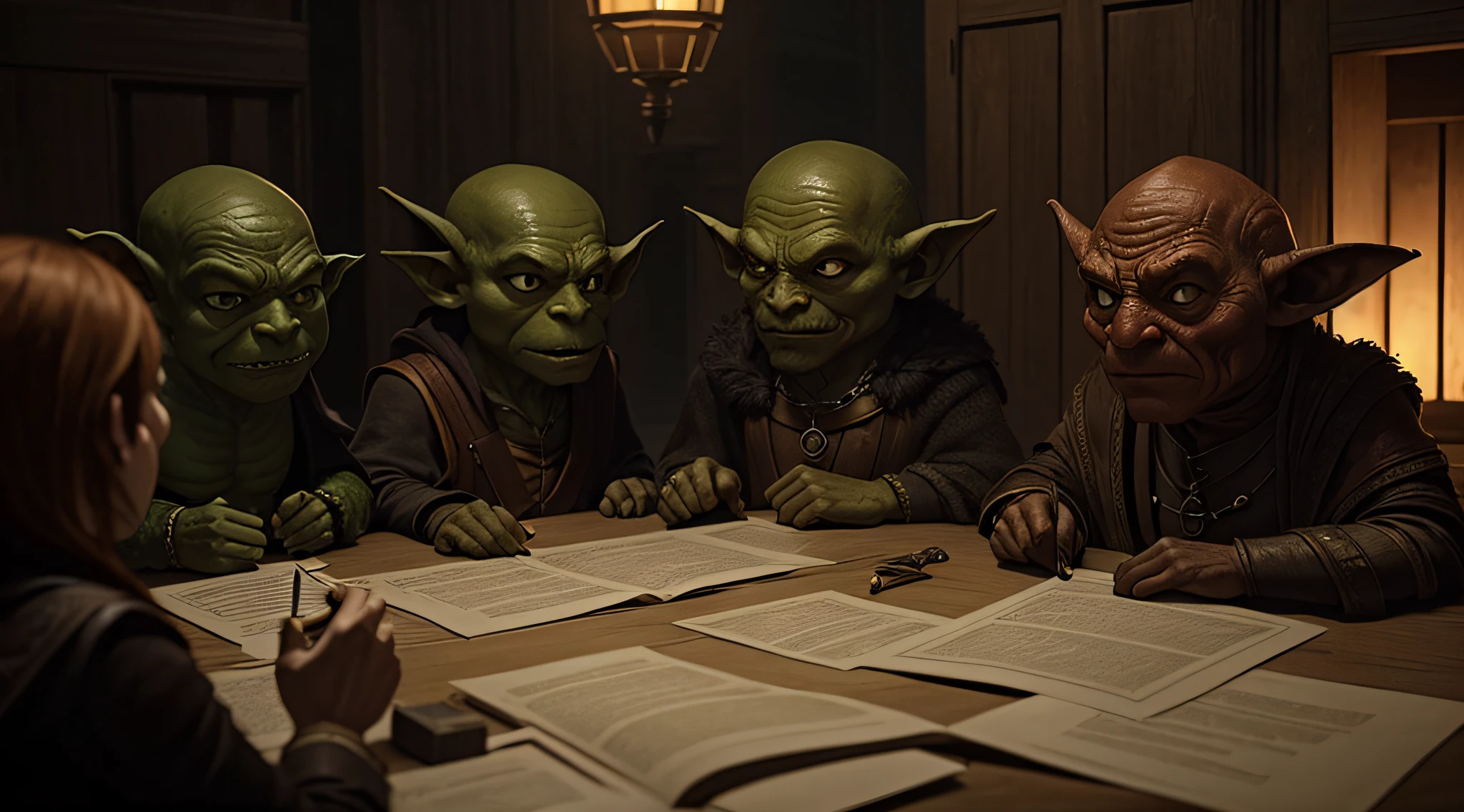 Create an image depicting a clandestine meeting between goblins and high-ranking government officials in a dimly lit, secret chamber.