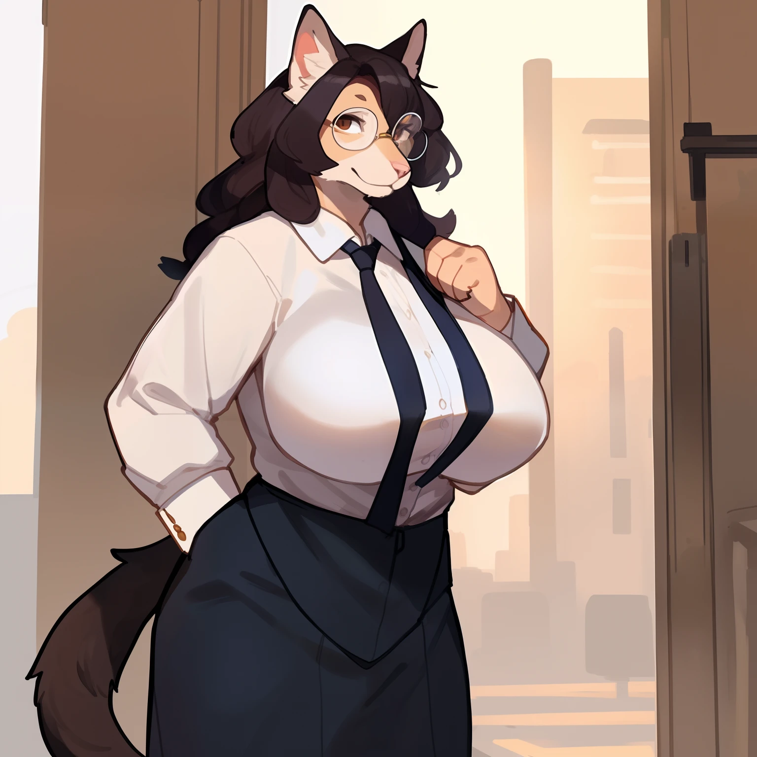 By bigcozyorca, by bebebebebe, by buta99, solo, female, (hair, snout), feline, ((glasses)), smoky colored cat, wavy hair, pink nose, big breasts, standing, ((muscular)), secretary outfit