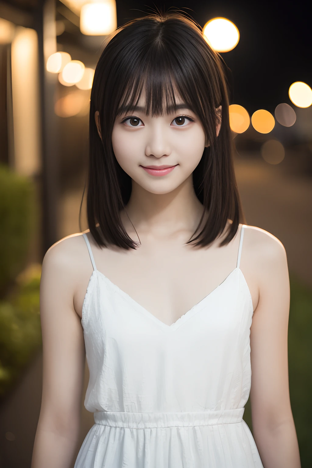 masutepiece, Best Quality, 8K, sixteen years old, Teen, Raw photo, absurderes, award winning portrait, Smile, Smile, Solo, Night, neons, Idol face, violaceaess, gardeniass, Delicate girl, Upper body, Digital SLR, Looking at Viewer, Candid, Sophisticated, zora々Right, Thin arms, Professional Lighting, Film grain, chromatic abberation, (Eyes and faces with detailed:1.0), (Bokeh:1.1)