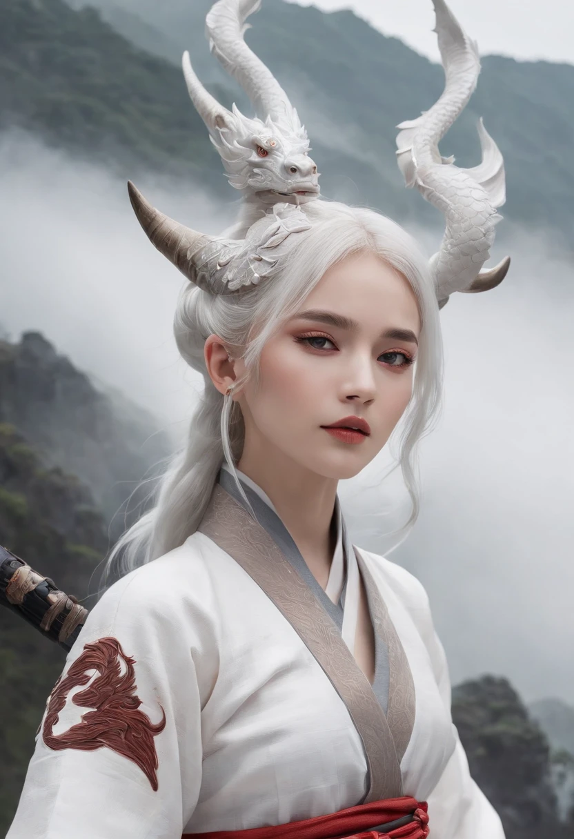 Cirilla Fiona Elen Riannon,动态照明,art stations,poster for,Volumetriclighting,Very detailed faces,4k wallpapers,He has a delicate and beautiful face,long hair flowing,horse tailed,Fringed Hair Ornament,Dynamic perspective,White Hanfu,White gauze flying,red waistband,Sexy,Tradition Chinese Ink Painting,Surrounded by clouds,fog atmosphere,Ride a white dragon,bow and arrows,White dragon horn,dynamic viewing angle,电影灯光,
