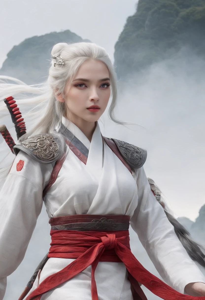 Cirilla Fiona Elen Riannon,动态照明,art stations,poster for,Volumetriclighting,Very detailed faces,4k wallpapers,He has a delicate and beautiful face,long hair flowing,horse tailed,Fringed Hair Ornament,Dynamic perspective,White Hanfu,White gauze flying,red waistband,Sexy,Tradition Chinese Ink Painting,Surrounded by clouds,fog atmosphere,Ride a white dragon,bow and arrows,White dragon horn,dynamic viewing angle,电影灯光,