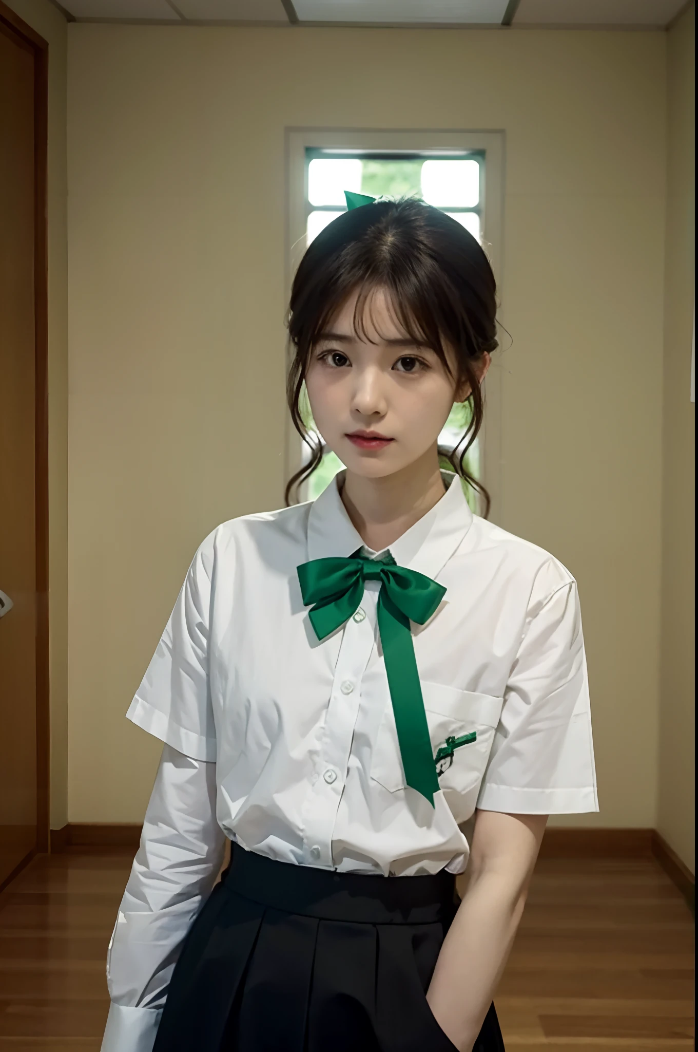 arafed woman with a green bow and a white shirt, chiho, shiori teshirogi, narumi kakinouchi, 奈良美智, harumi, tsutomo nihie, shikamimi, ayaka, takada akemi, nishimiya shouko, sakimimichan, rin