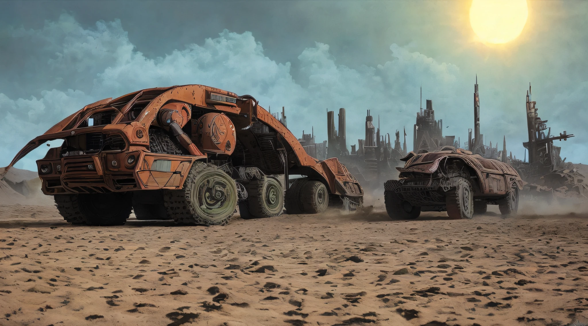 enki bilal,philippe druillet,moebius inspired french comics art "a vast desert filled with colossal, rusting machines of war, half-buried in the sand, a dying sun casting long shadows over the scene, adding to the eerie sense of a long-forgotten battlefield", the contrast in colors and textures should be distinct highly detailed,surreal,vibrant yet slightly desaturated