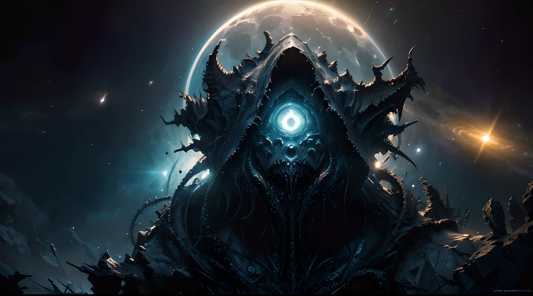 Space Monster, Cthulhu, Eyes glow, Through the eyes of space, Huge eyes on his face, ultrarealism, glistering, tinsel, Glowing dust, overdetalization,(Background: fractals, metamorphoses, filigree, Energy Flows ) The texture of the skin is detailed, Cinematic, The right composition, a closeup of a, a starry sky, luna, Masterpiece, magnificence, Horror, nightmare, Lovecraft, Giger, Bekshinsky
