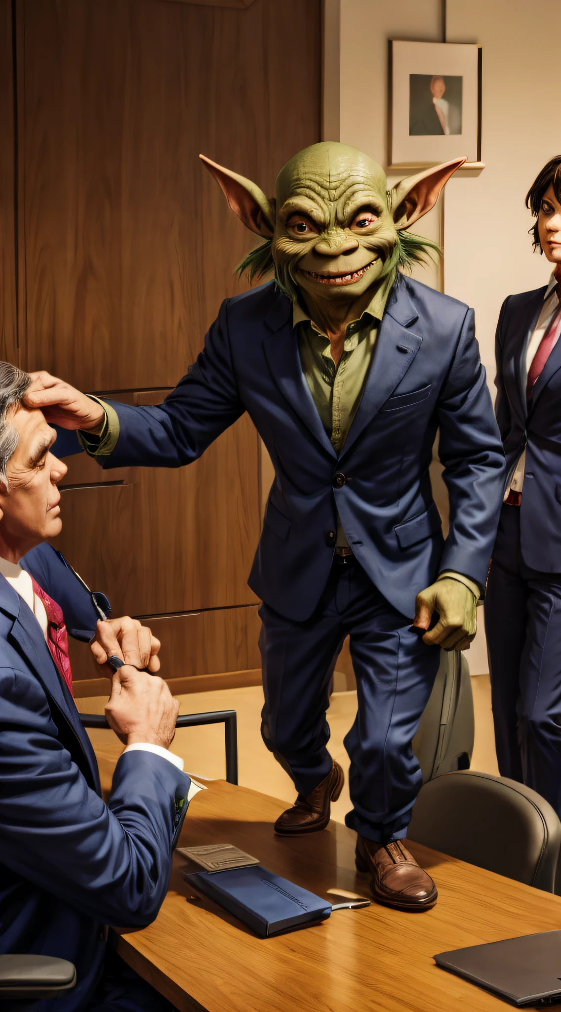 Show a goblin infiltrating a powerful corporation's boardroom, disguised as a human executive.
