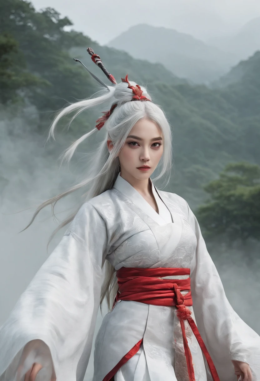 Cirilla Fiona Elen Riannon,动态照明,art stations,poster for,Volumetriclighting,Very detailed faces,4k wallpapers,He has a delicate and beautiful face,long hair flowing,horse tailed,Fringed Hair Ornament,Dynamic perspective,White Hanfu,White gauze flying,red waistband,Sexy,Tradition Chinese Ink Painting,Surrounded by clouds,fog atmosphere,Ride a white dragon,bow and arrows,White dragon horn,dynamic viewing angle,电影灯光,
