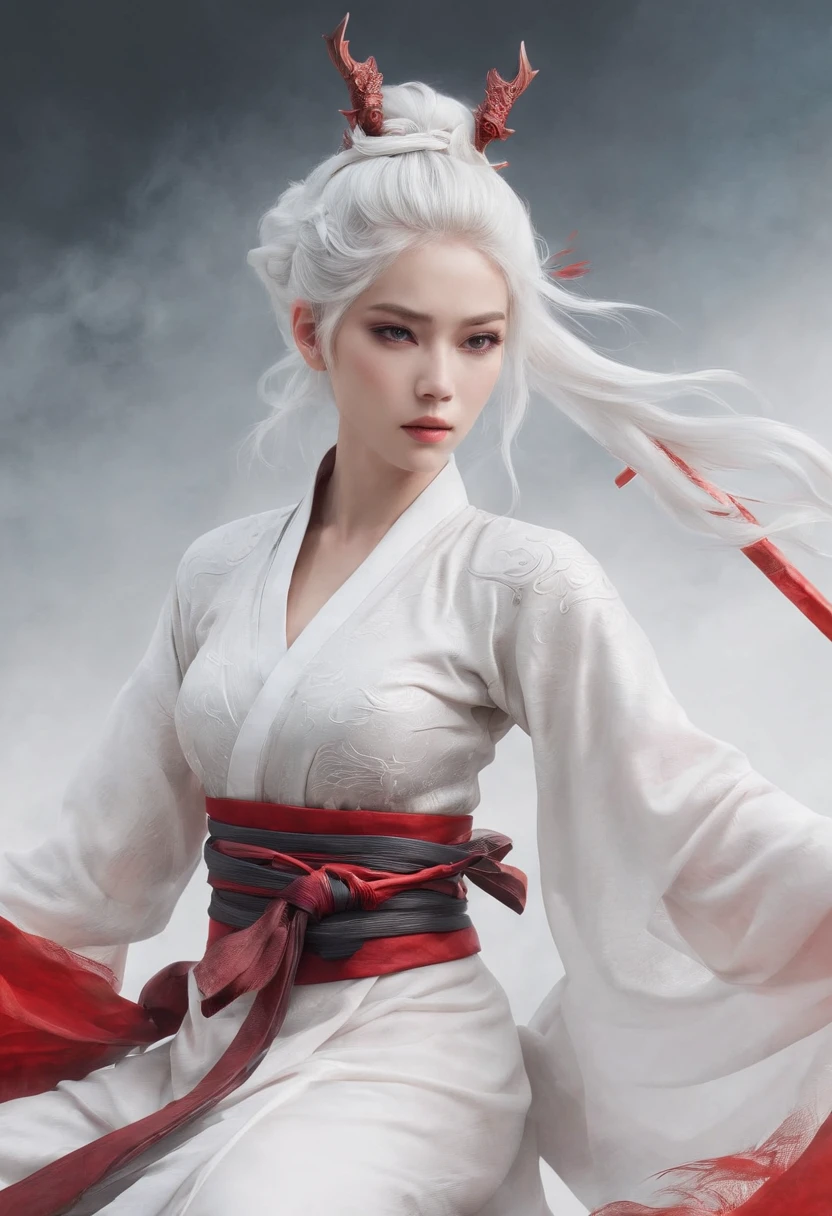 Cirilla Fiona Elen Riannon,动态照明,art stations,poster for,Volumetriclighting,Very detailed faces,4k wallpapers,He has a delicate and beautiful face,long hair flowing,horse tailed,Fringed Hair Ornament,Dynamic perspective,White Hanfu,White gauze flying,red waistband,Sexy,Tradition Chinese Ink Painting,Surrounded by clouds,fog atmosphere,Ride a white dragon,bow and arrows,White dragon horn,dynamic viewing angle,电影灯光,