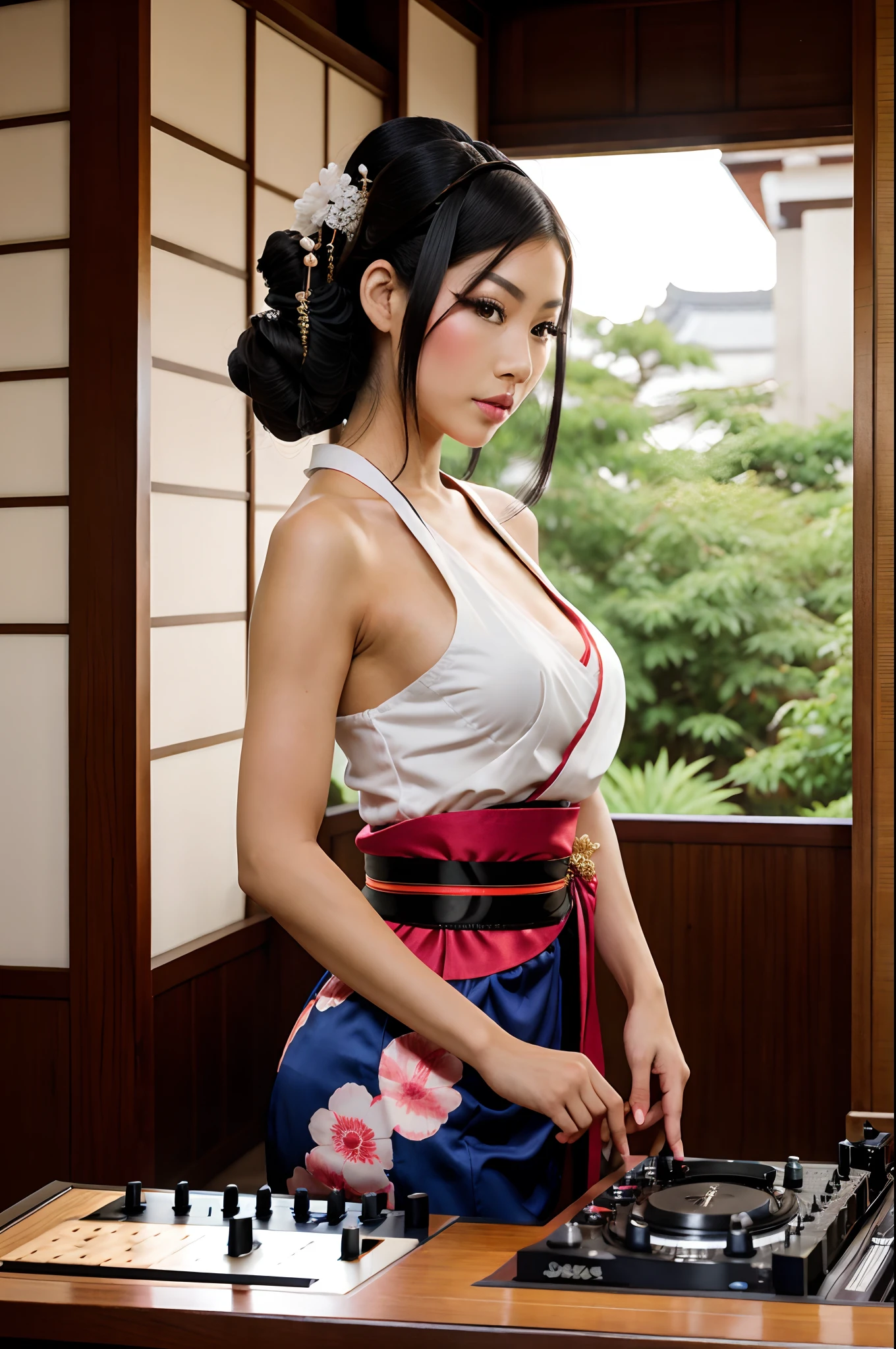 ((woman made of pure porcelain)), white porcelain skin geisha doll with beautiful red lips and blue eyes, red face paint, large tits, black (porcelain) hair raised in edo style hair do, she is wearing a red silk kimono with open top revealing a pair of smooth porcelain large saggy tits, she has a sexy waist, sexy thick hips, sexy thighs, sexy legs and sexy clean porcelain feet, she sits in a dojo with sexual intention and sexual gratification on her mind, perfect body, cracked skin, crack, hour glass figure