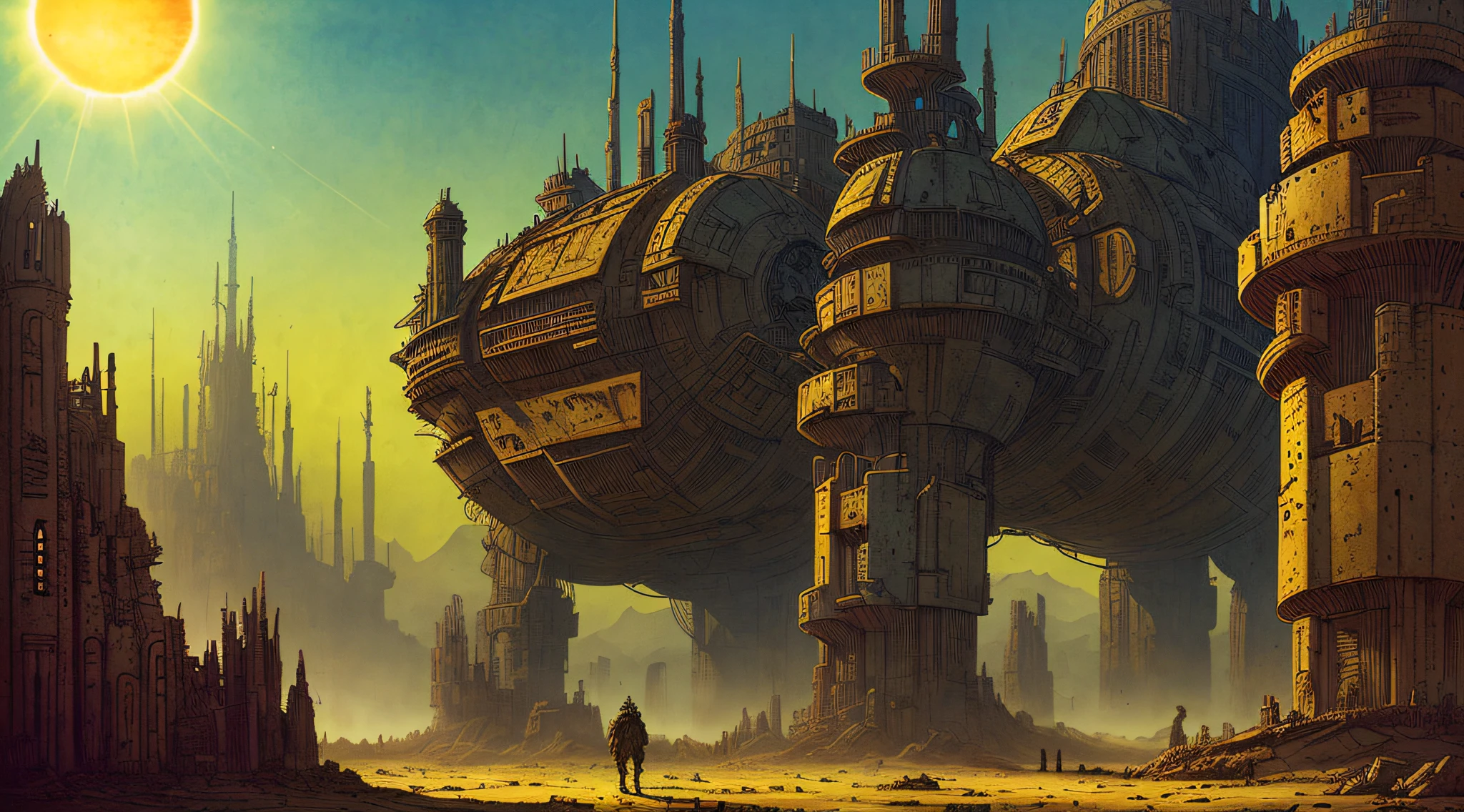 enki bilal,philippe druillet,moebius inspired french comics art "a vast desert filled with colossal, rusting machines of war, half-buried in the sand, a dying sun casting long shadows over the scene, adding to the eerie sense of a long-forgotten battlefield", the contrast in colors and textures should be distinct highly detailed,surreal,vibrant yet slightly desaturated