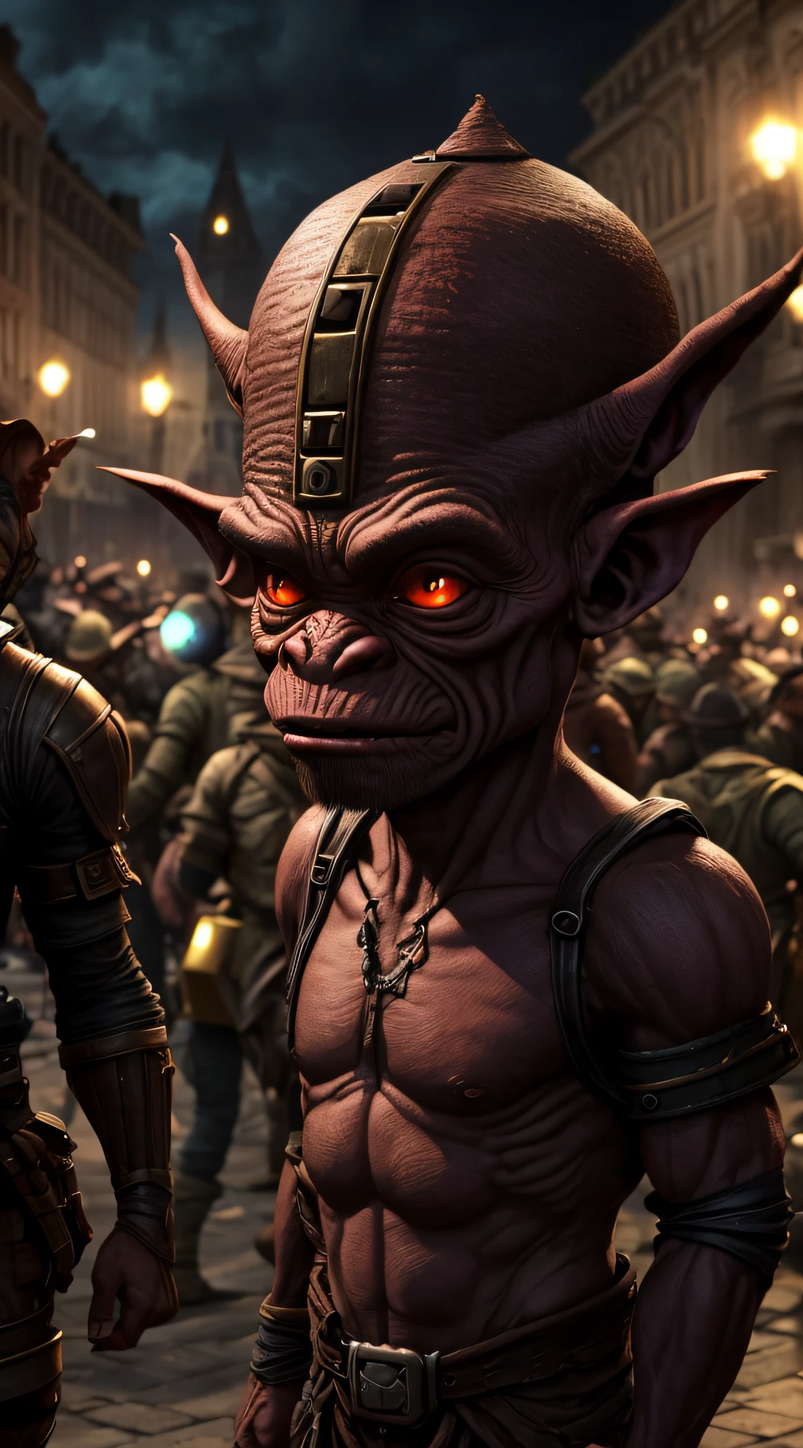 Generate an image of a goblin using a mind-control device on a group of people at a crowded city square during a disaster.