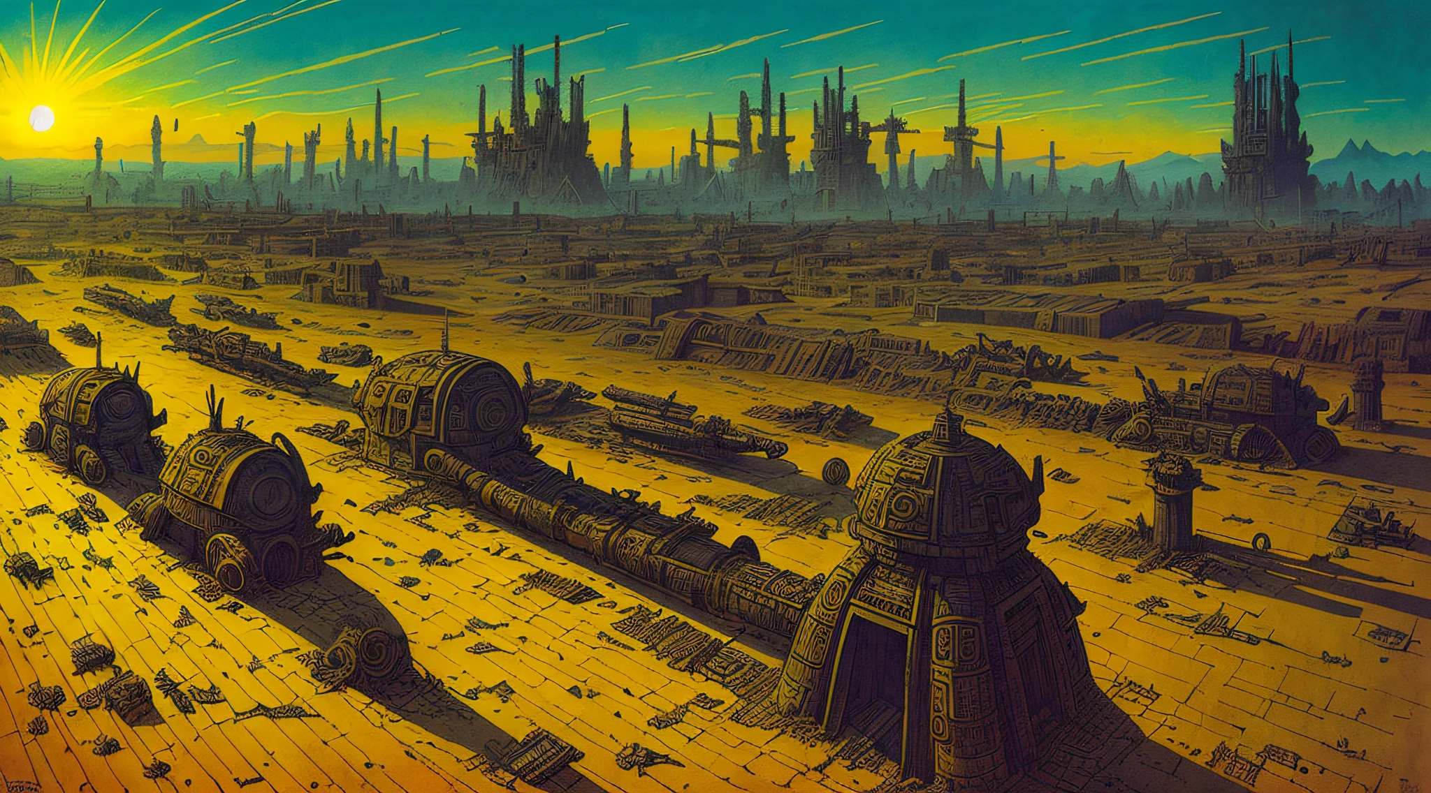 enki bilal,philippe druillet,moebius inspired french comics art "a vast desert filled with colossal, rusting machines of war, half-buried in the sand, a dying sun casting long shadows over the scene, adding to the eerie sense of a long-forgotten battlefield", the contrast in colors and textures should be distinct highly detailed,surreal,vibrant yet slightly desaturated