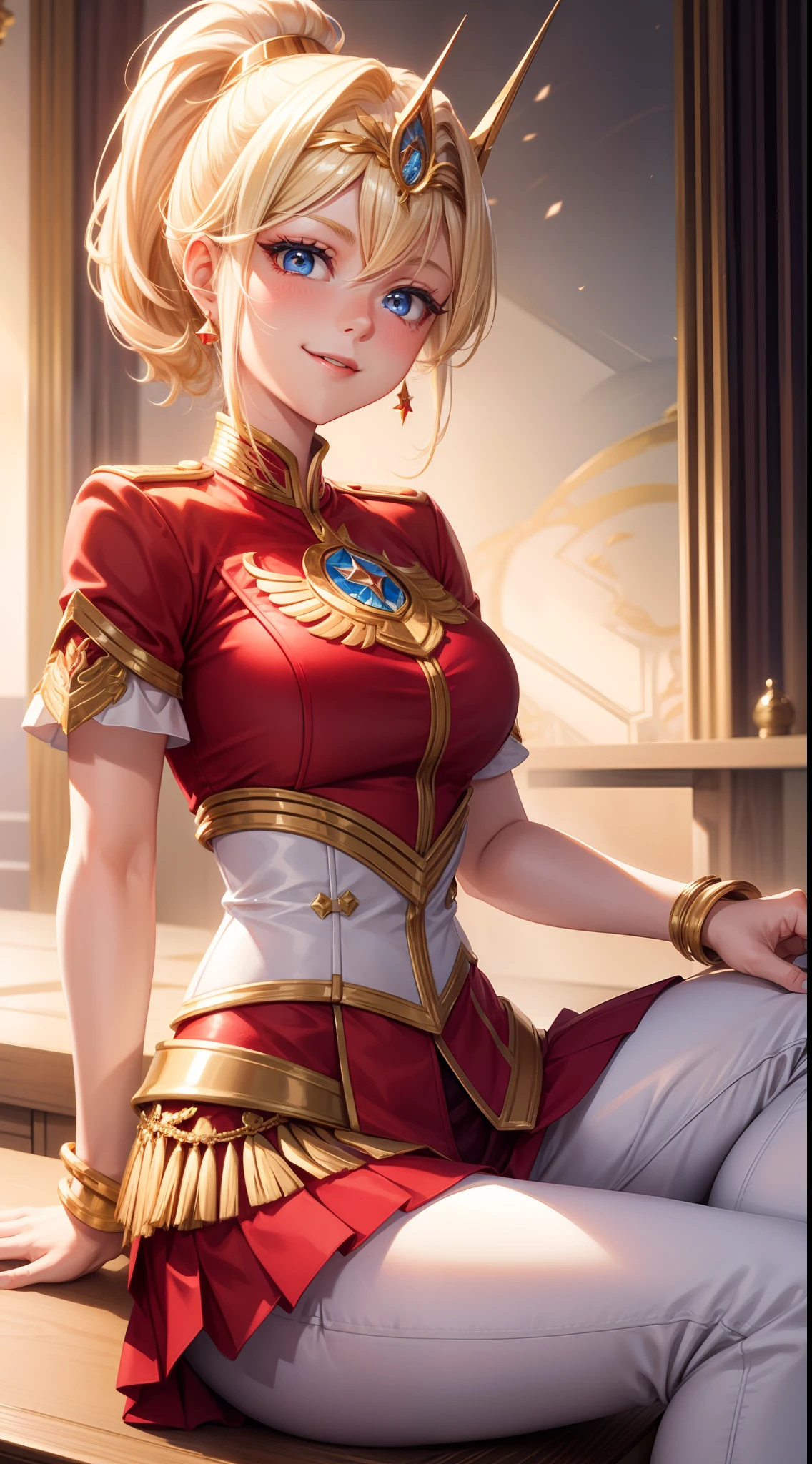adult girl, short blonde hair, high ponytail, blue eyes, Smile, red jacket, white pants, diadem, Gold Elements, She-ra, Masterpiece, hiquality, 4k, HD, Good detail