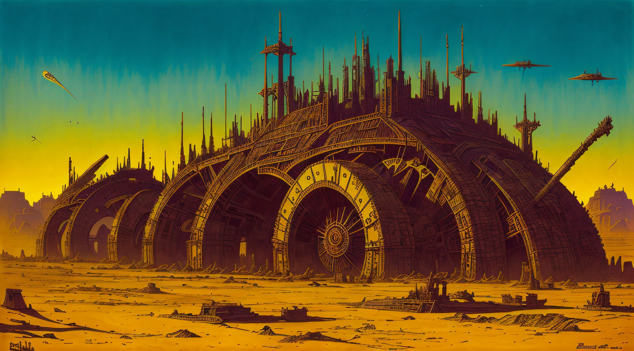 enki bilal,philippe druillet,moebius inspired french comics art "a vast desert filled with colossal, rusting machines of war, half-buried in the sand, a dying sun casting long shadows over the scene, adding to the eerie sense of a long-forgotten battlefield", the contrast in colors and textures should be distinct highly detailed,surreal,vibrant yet slightly desaturated