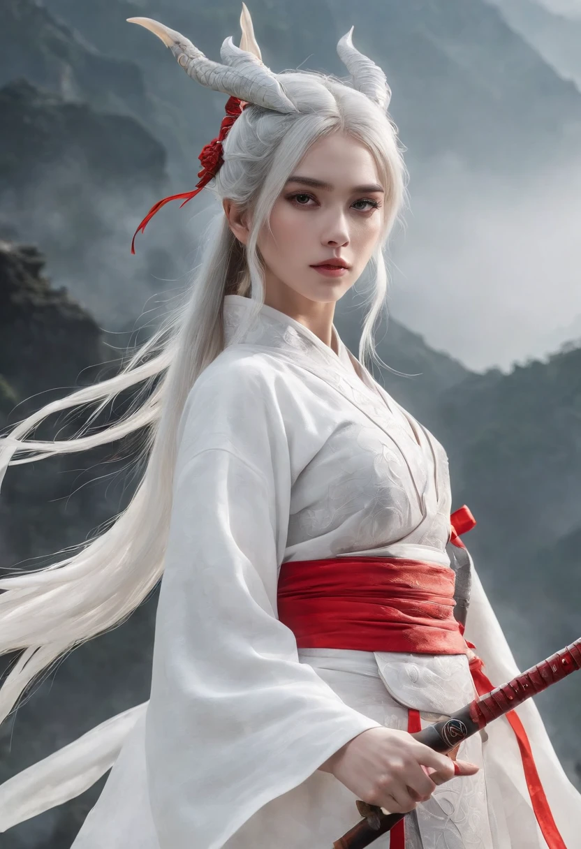 Cirilla Fiona Elen Riannon，动态照明，art  stations，poster for，Volumetriclighting，Very detailed faces，4k wallpapers，He has a delicate and beautiful face，long hair flowing，horse tailed，Fringed Hair Ornament，Dynamic perspective，White Hanfu，White gauze flying，red waistband，Sexy，Tradition Chinese Ink Painting，Surrounded by clouds，fog atmosphere，Ride a white dragon，bow and arrows，White dragon horn，dynamic viewing angle，电影灯光，