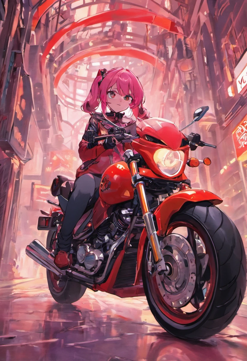 un conejo rosado, con todos los detalles, encima de una moto Harley roja