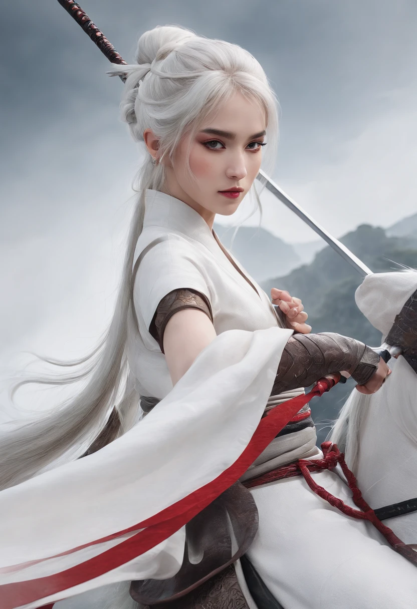 Cirilla Fiona Elen Riannon,动态照明,art stations,poster for,Volumetriclighting,Very detailed faces,4k wallpapers,He has a delicate and beautiful face,long hair flowing,horse tailed,Fringed Hair Ornament,Dynamic perspective,White Hanfu,White gauze flying,red waistband,Sexy,Tradition Chinese Ink Painting,Surrounded by clouds,fog atmosphere,Ride a white dragon,katana swords,White dragon horn,dynamic viewing angle,电影灯光,