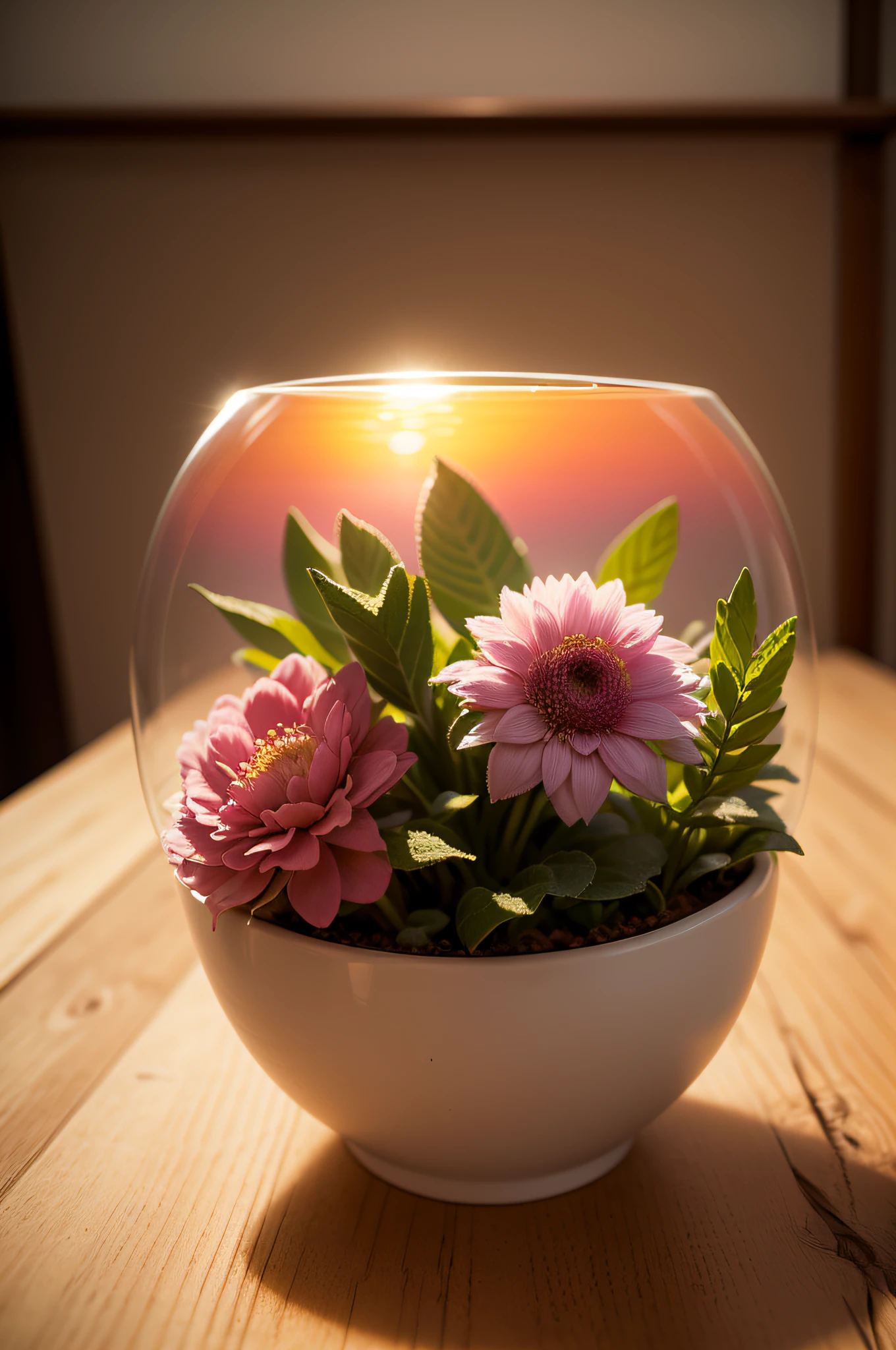 (melhor qualidade,4k,8k,Altas,master part:1.2),ultra-detalhado,(Realistic,fotorrealista,photo-realistic:1.37),flor suculenta,rosa,folhas verdes,cores vibrantes,Detailed petals,soft lighting,textura delicada, botanical illustration,Close-up,fotografia macro,ethereal beauty,aesthetic floral arrangement,paleta de cores harmoniosa,Sunset tones,ambiente sereno e tranquilo