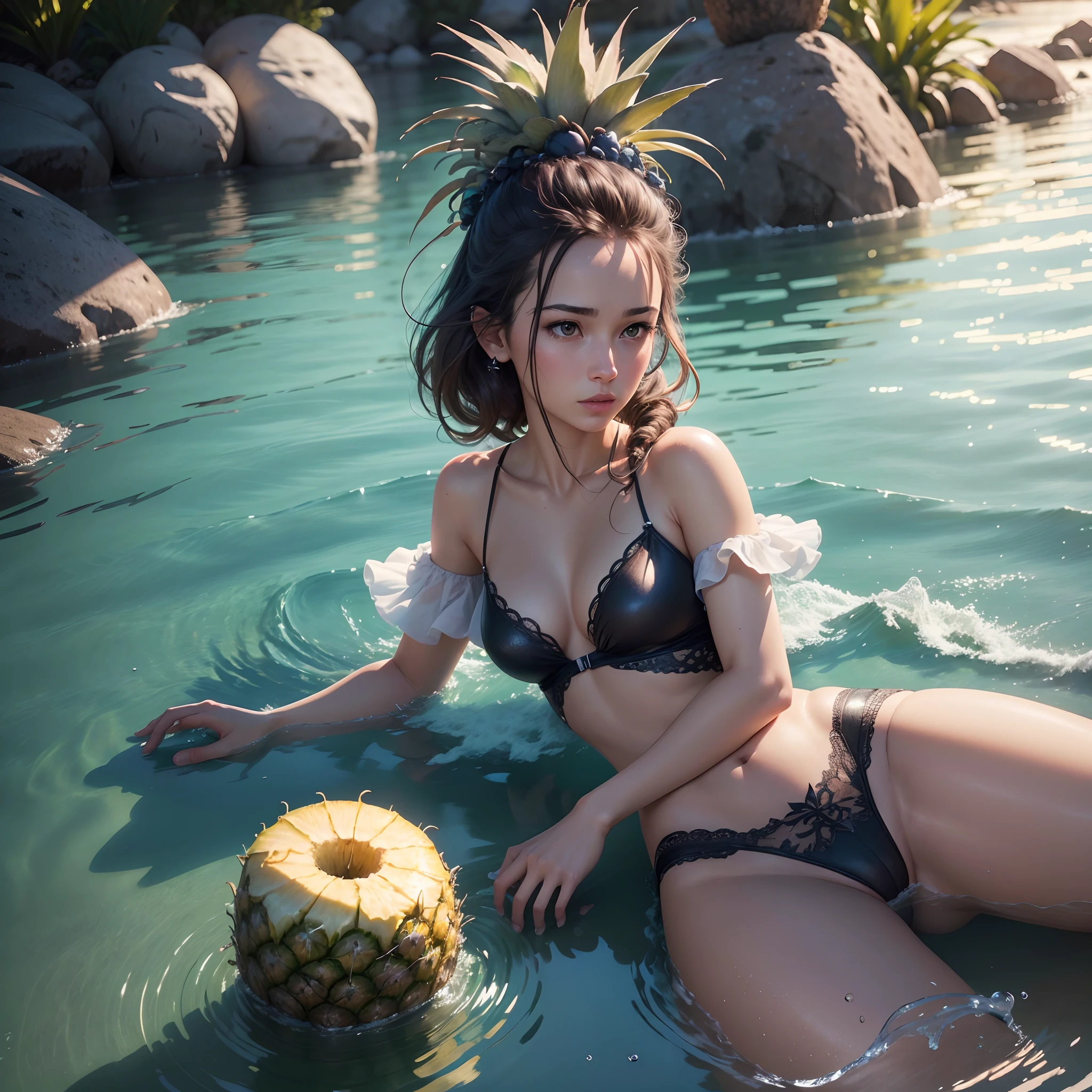 a pineapple is falling into the water, sony world photography awards, very sharp and detailed image, by Richard Randolph Rubenstein, still life, bahamas, by John Plumb, award winning food photography, effervescent, by Adam Chmielowski, politics, cascade, by Derek Chittock, shot on hasselblad, close-ups, colorado, ariel perez,(8k, RAW photo, best quality, masterpiece:1.2), ulra high res, photorealistic:1.4),Cinematic Light,(soft volumetric lighting:1.2), (realistic, photo-realistic:1.37), detailed skin,professional lighting,Photography, Sharp focus, detailed ,professional lighting, photon mapping, detailed and intricate environment,highly detailed,best quality,8k artistic photography, photorealistic concept art, soft natural volumetric cinematic perfect light,MIDJOURNEY,3DMDT