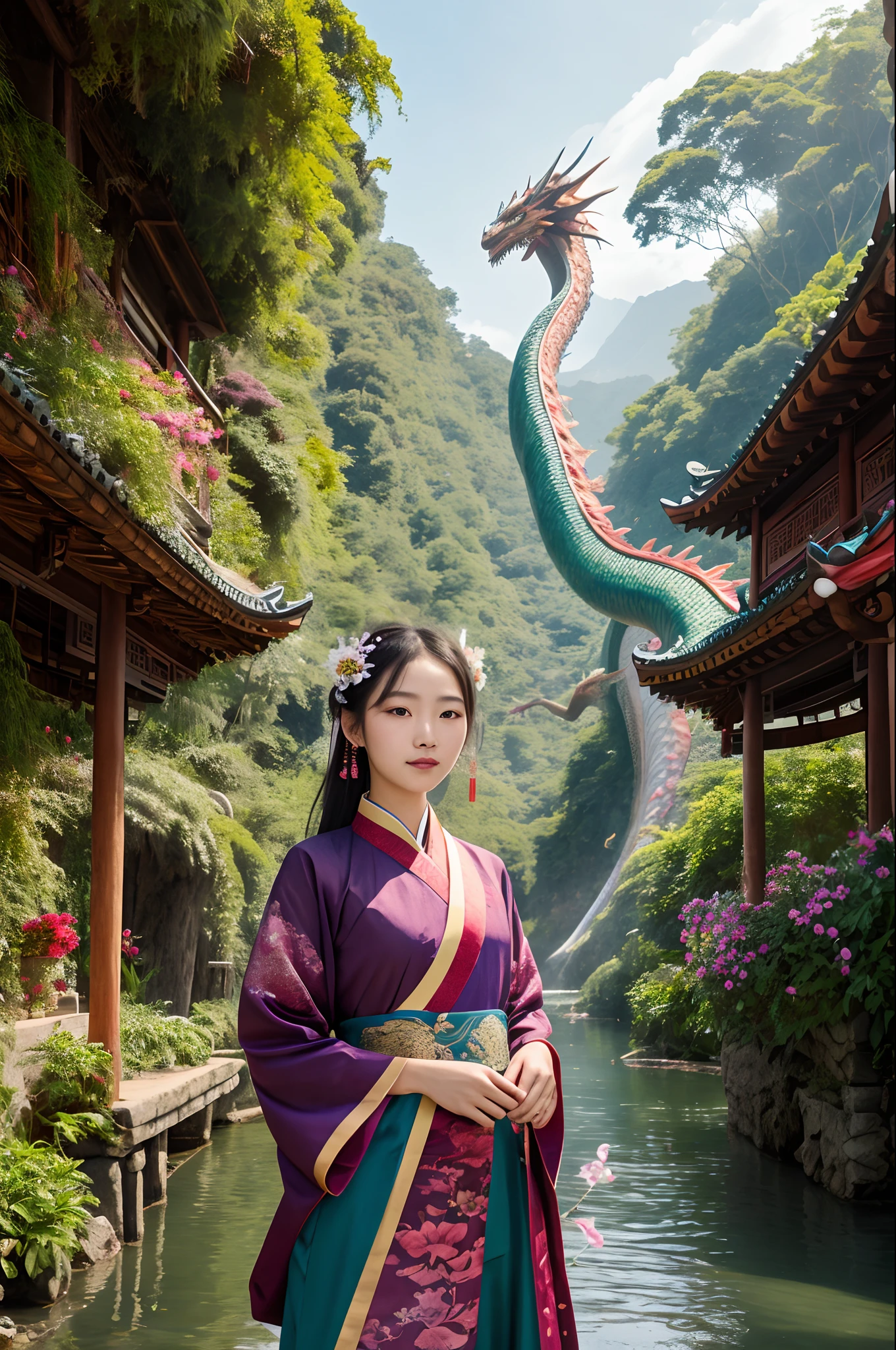 ((1girl,Chinese, with her flowing hair adorned with beautiful hair ornaments, standing among the flying petals, a majestic dragon wound around her)),((best quality)),((Representative)),(Realistic),The shooting angle is a bird's-eye view.,
An 18-year-old girl in an elegant Chinese costume,Her flowing hair is elegantly embellished with glamorous hair accessories,be captivated by this charming sight,As the petals swing around her in the wind,A majestic dragon wraps its meandering body around her,Created a fabulous seduction scene,Immerse yourself in the deepest jungle river in a rainforest village,Lush greenery and vibrant plants surround them,Full of ancient mysticism,Snow peaks plunge into the sky,The soft light illuminates the girl's face,Cast gentle shadows,Capture the beauty of her empty spirit,Scenery and distant neon lights add a touch of magic from afar,Create a fantastic atmosphere,The blurred background further enhances the quality of the film,Attracted attention to ornate and ultra-detailed composition,Prepare to be captivated by the seamless fusion of natural elements and fantasy in this masterpiece of art,
smokeanywhere,colorful smoke,
hanfu,
long,
flower