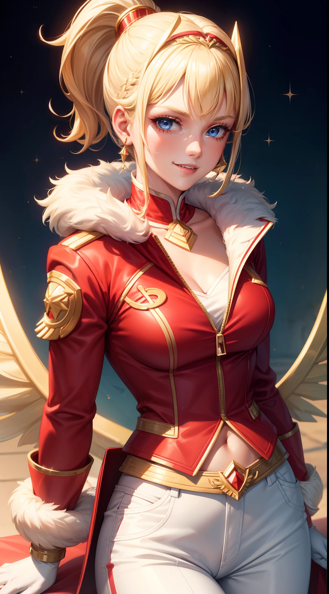 adult girl, short blonde hair, high ponytail, blue eyes, Smile, red jacket, white pants, diadem, Gold Elements, She-ra, Masterpiece, hiquality, 4k, HD, Good detail
