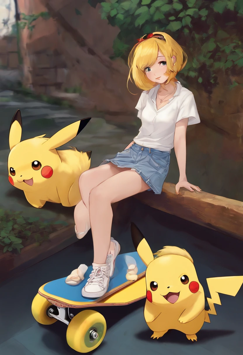 skateboards, Yellow hair, Short skirt, Girl, Pikachu