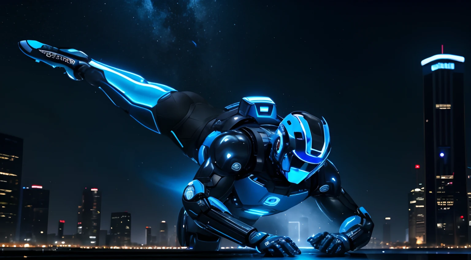 man wearing a robot suit with sophisticated equipment, and blue glows surrounding them, creating the impression of him falling to the ground, night sky with city lights in the background creating dramatic space