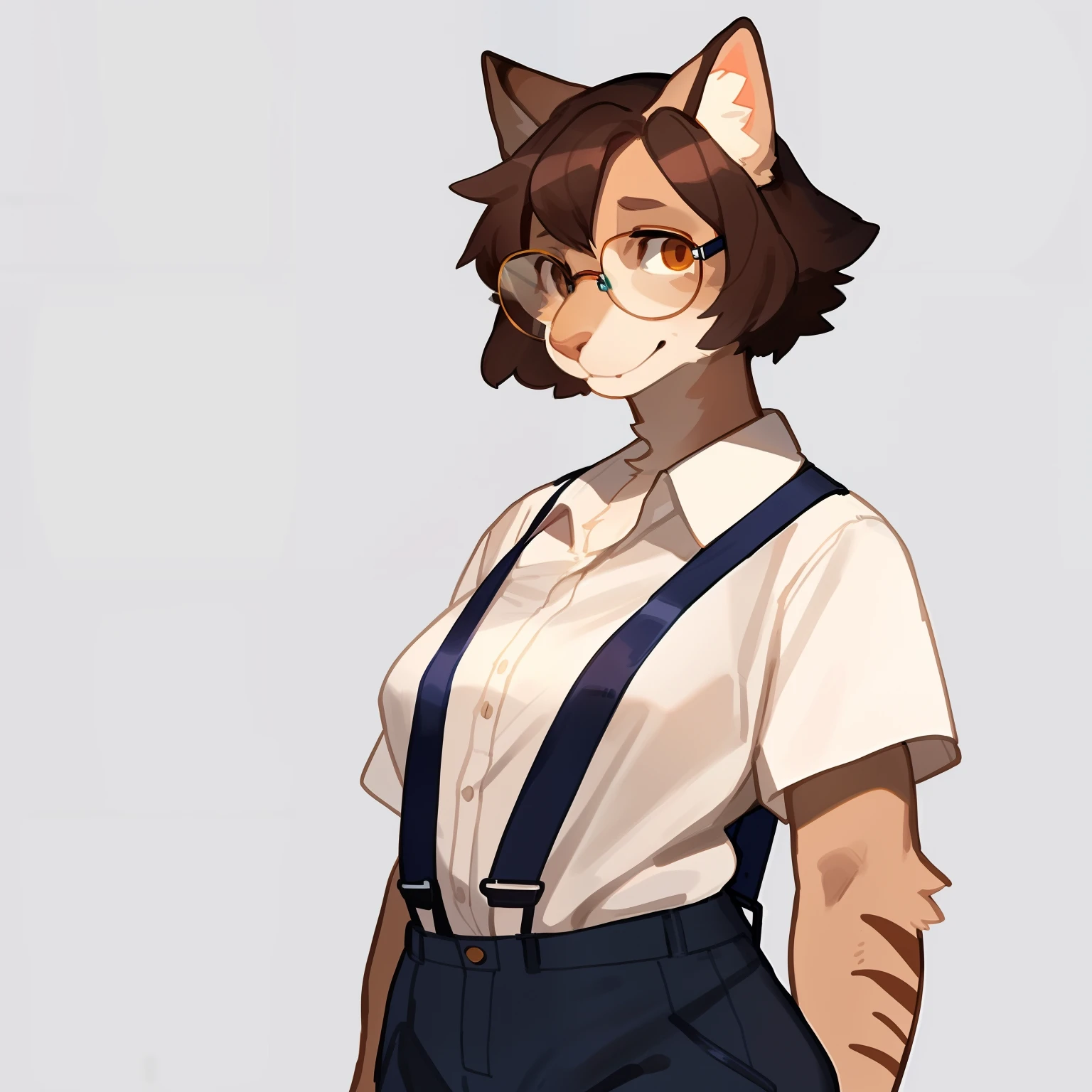 By bigcozyorca, by bebebebebe, by buta99, solo, female, (hair, snout), feline, ((glasses)), short bright brown hair, slim, short, suspenders, button-up shirt