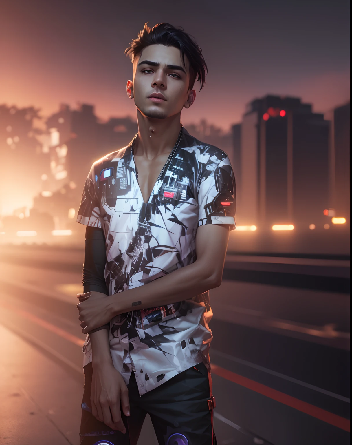 change background handsome boy,cyberpunk,realistic face