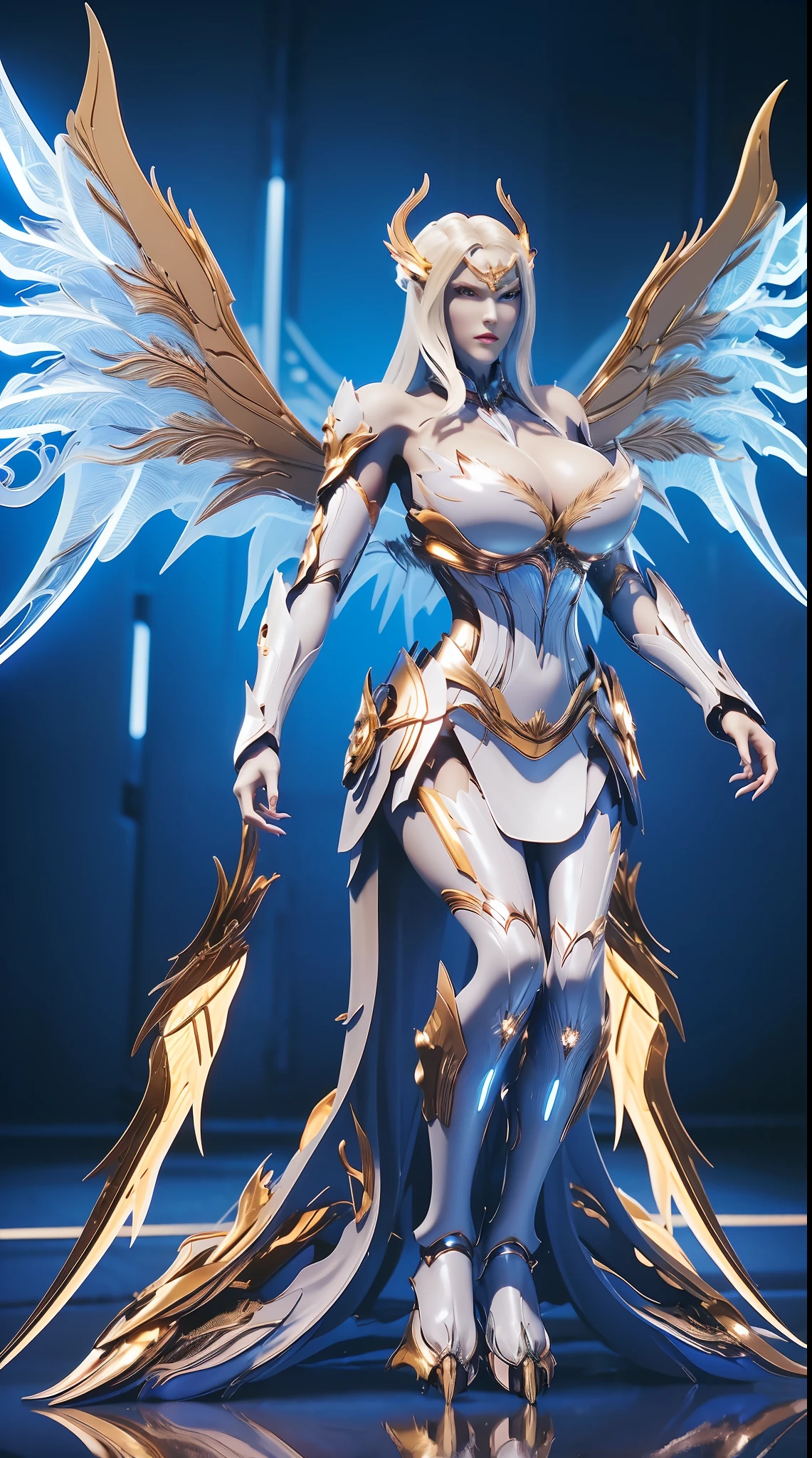 HUGE BOOBS, BLUE LIGHTNING DRAGON, MECHA ARMOR FULL SUIT, (CLEAVAGE), (A PAIR LARGEST WINGS), TRANSPARANT, TALL LEGS, STANDING, SEXY BODY, MUSCLE ABS.