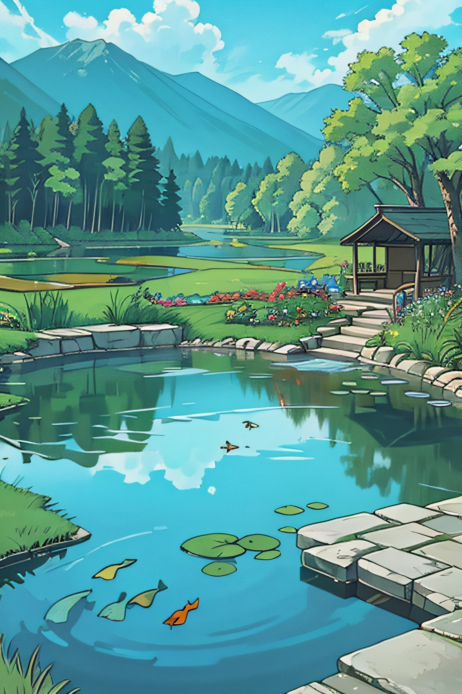 fish pond，Faraway view，Natural scenery，Skysky
