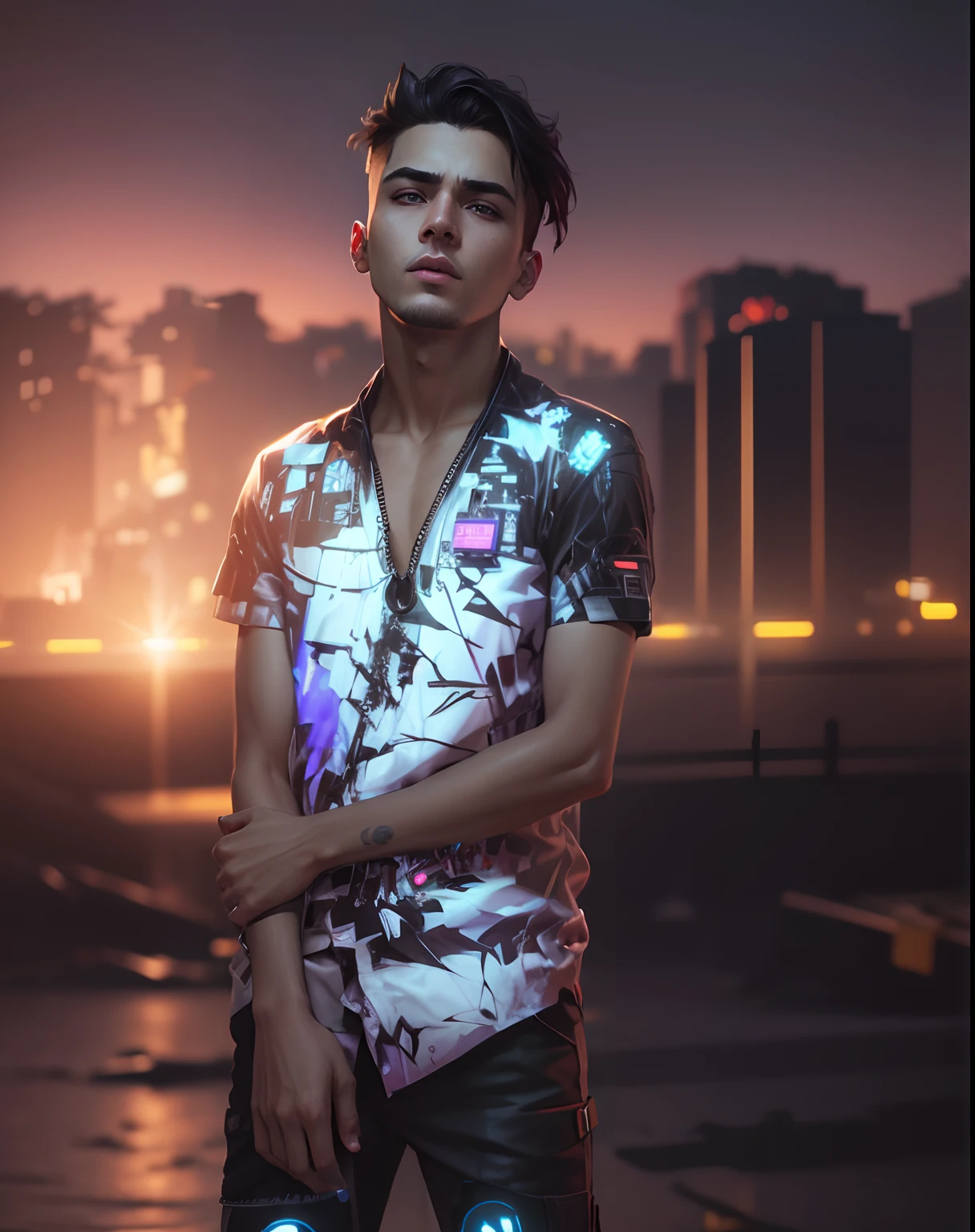 change background handsome boy,cyberpunk,realistic face