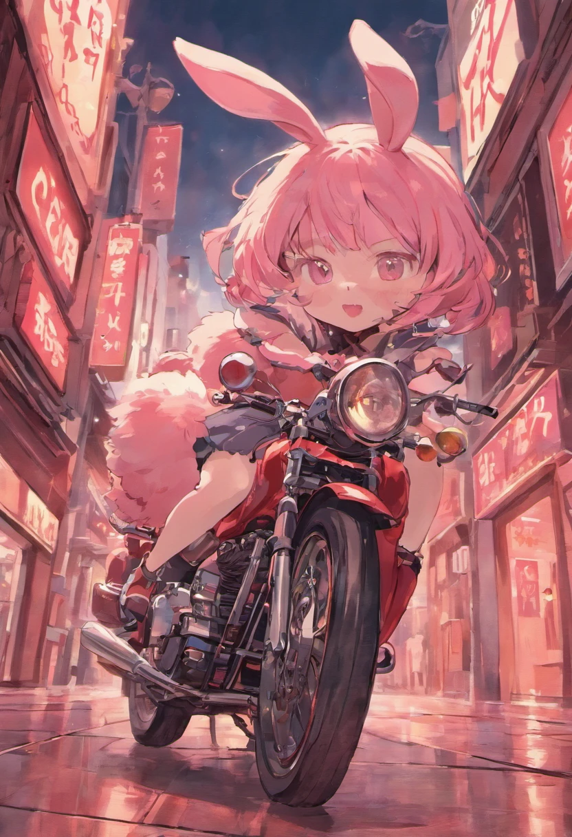 I would like a pink rabbit with all the details of a rabbit, on top of a red Harley
