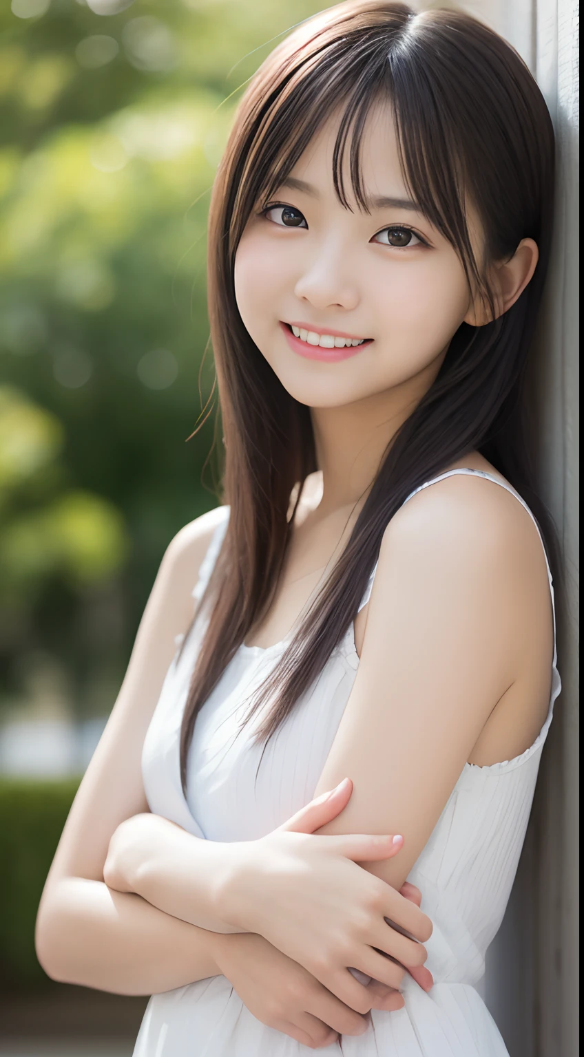 Best-quality, Masterpiece, Ultra-High-Resolution, (Photorealistic:1.4), Raw-Photo, Extremely-Details, Perfect-Anatomy, 1girl, -yeld, thost famous Japanese idol, innocent-smile, looking at viewer, extremely cute face like the most popular Japanese idol, extremely beautiful big-black-solid-circle-eyes, extremely beautiful hair, extremely beautiful skins, extremely beautiful long-eyelashes, extremely beautiful lips, wearing spring-clothes with cute-design