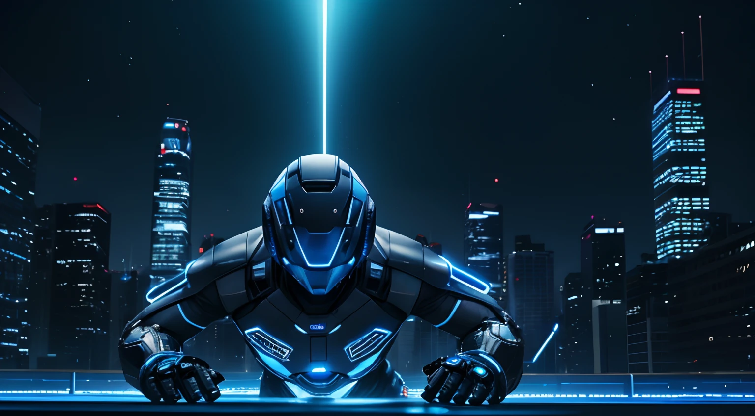 man wearing a robot suit with sophisticated equipment, and blue glows surrounding them, creating the impression of him falling to the ground, night sky with city lights in the background creating dramatic space