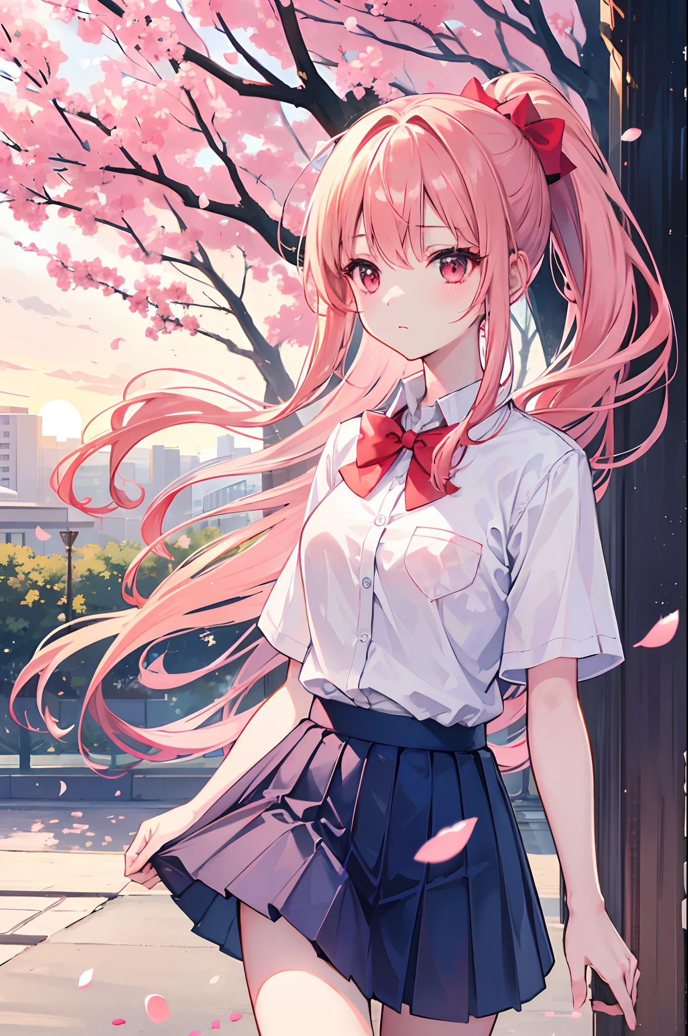 (Best Quality, High Resolution), 1 girl, walking at the park, Sakura, red eyes, blond, chocolate hair color, Girl with a ponytail, school uniform, White short-sleeved shirt, Navy blue skirt, bow tie, Sunset , serene atmosphere, soft light, Tender cherry petals, fluttering in the air.