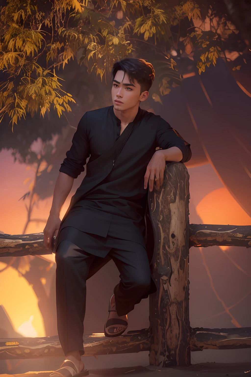 The model is a handsome boy. Change background with sunset. 8K resolution.