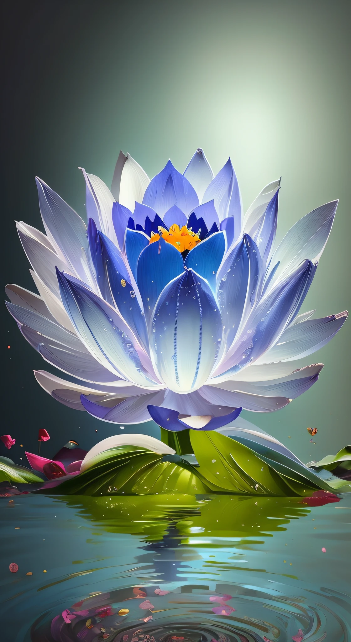 There is a blue flower that is floating in the water, flor delicada brilhante, lotuses, Lotus Flower, bela arte digital, bela arte digital, with lotus flowers, arte digital muito bonita, papel de parede hd, lindo arte digital, linda arte digital linda, sitting on a lotus flower, flores luminosas, lotus flowers, papel de parede bonito, magic flowers, pintura digital brilhante, papel de parede hd