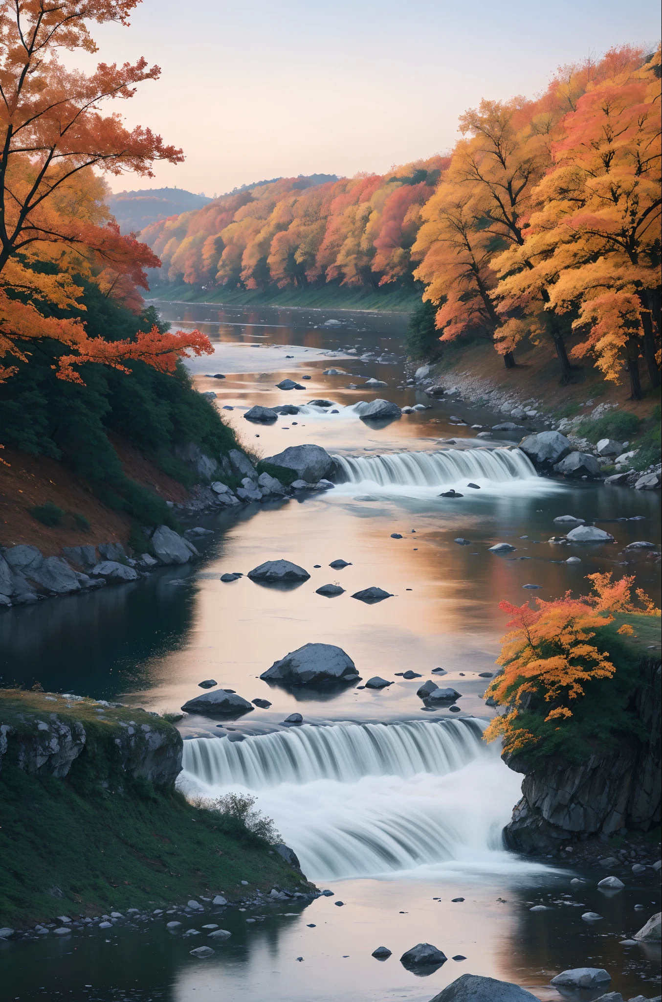 8k fall,eventide,riverbank,Scenic beauty,(超高分辨率),(Ultra-high sharpness),tmasterpiece,品质最佳