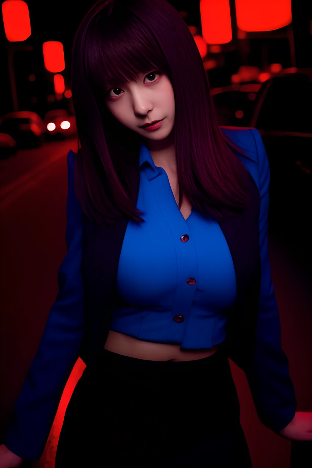 Bewitching anime busty woman in blue suit and tight skirt、Black tights,Inviting look、Show off your chest、black top and long brown hair,,,,Ecchi anime style,  bending forward,Kamimei,Red Light District at Night,neons、Bokeh in the background