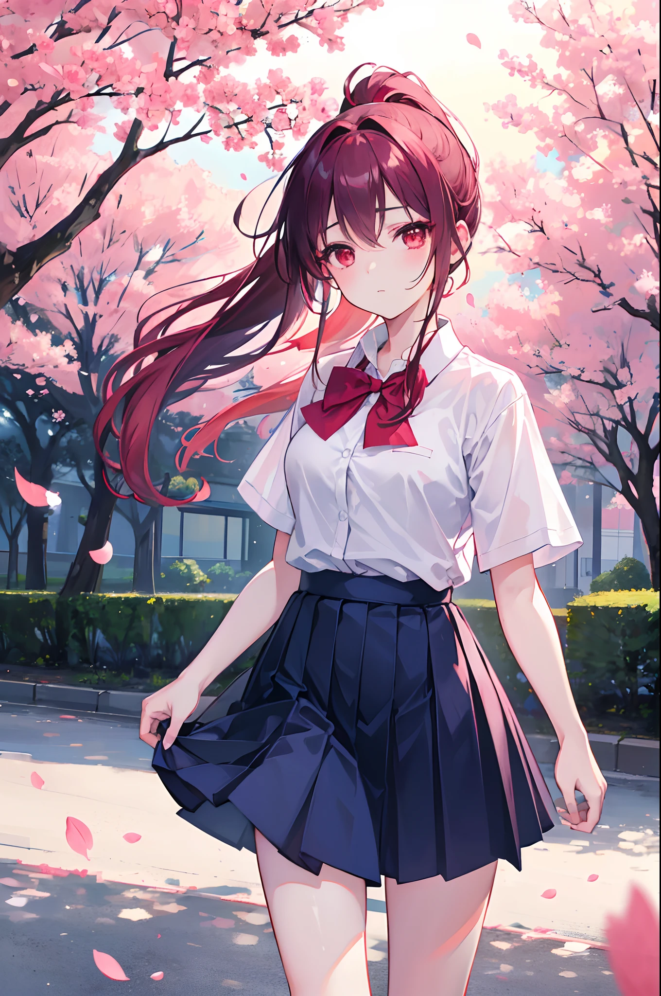 (Best Quality, High Resolution), 1 girl, walking at the park, Sakura, red eyes, Girl with a ponytail, school uniform, White short-sleeved shirt, Navy blue skirt, bow tie, Sunset , serene atmosphere, soft light, Tender cherry petals, fluttering in the air.