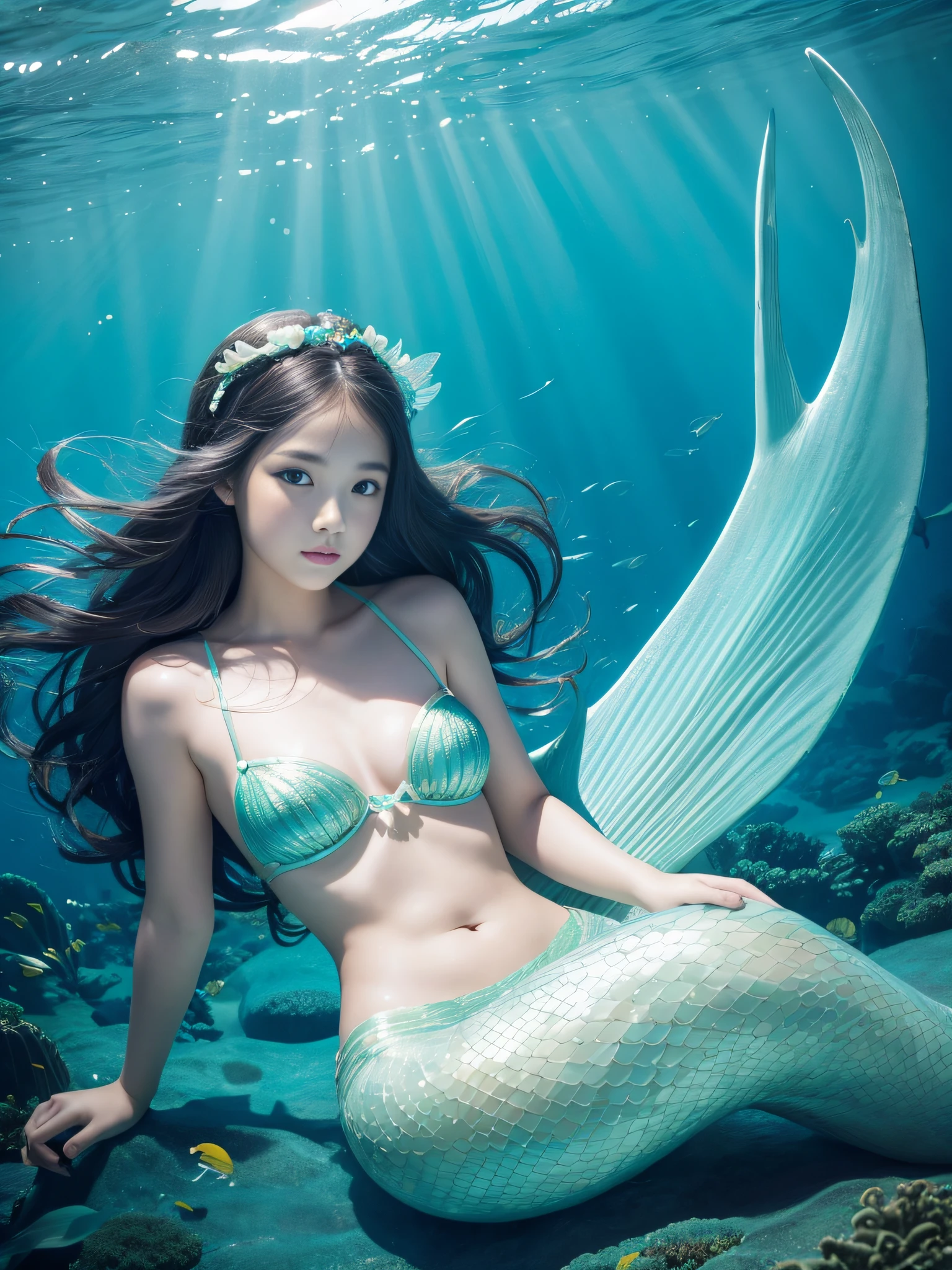 8K、Girl dressed as a mermaid Underwater - Sea、mermaid、13-year-old beautiful girl、Slightly baby-faced