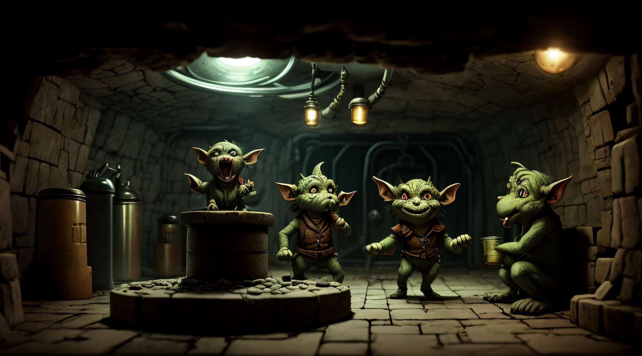 Illustrate an underground laboratory where goblins are conducting mysterious experiments on abducted individuals.